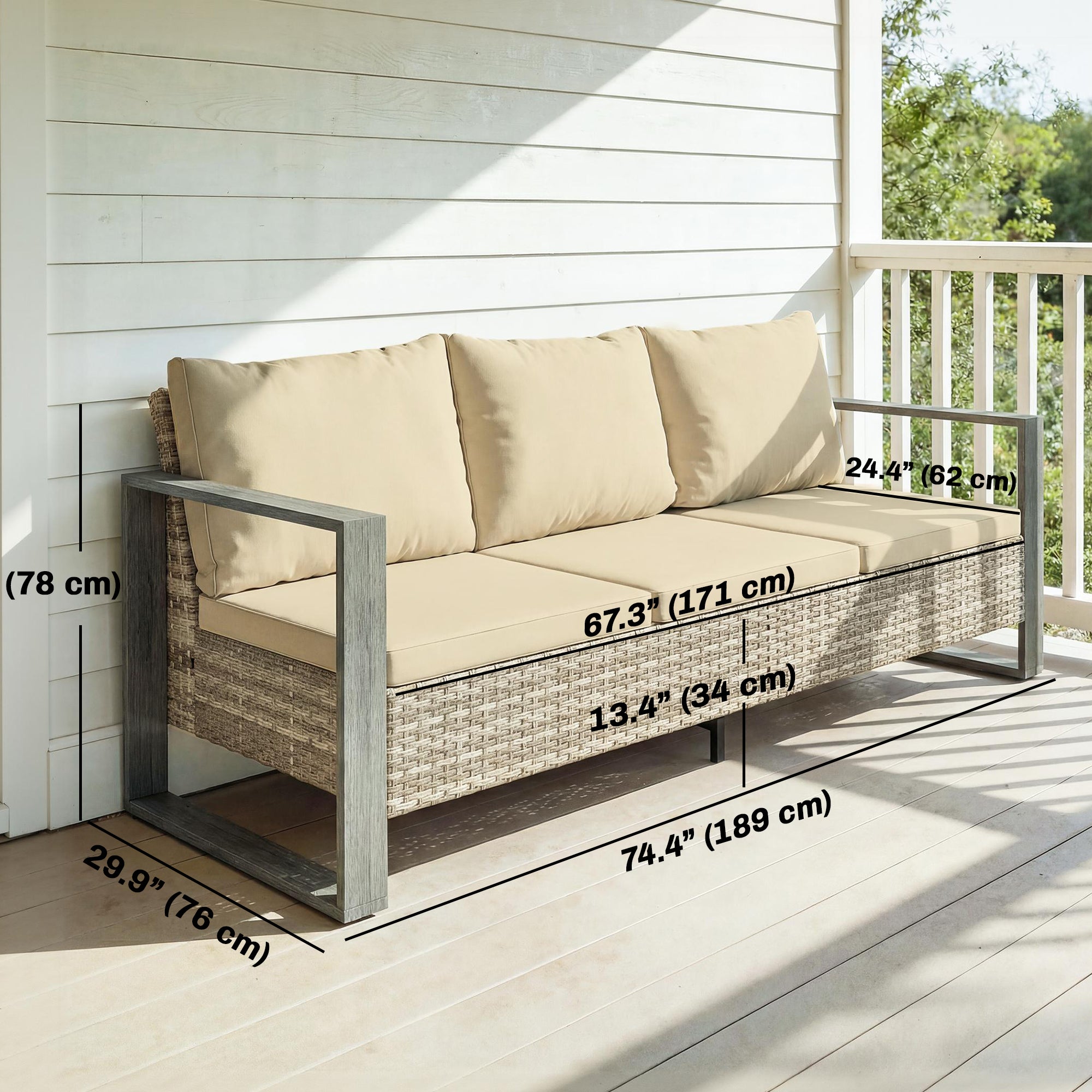 3-Seater Patio Couch - Khaki Wicker 67"W-DECOROLALA