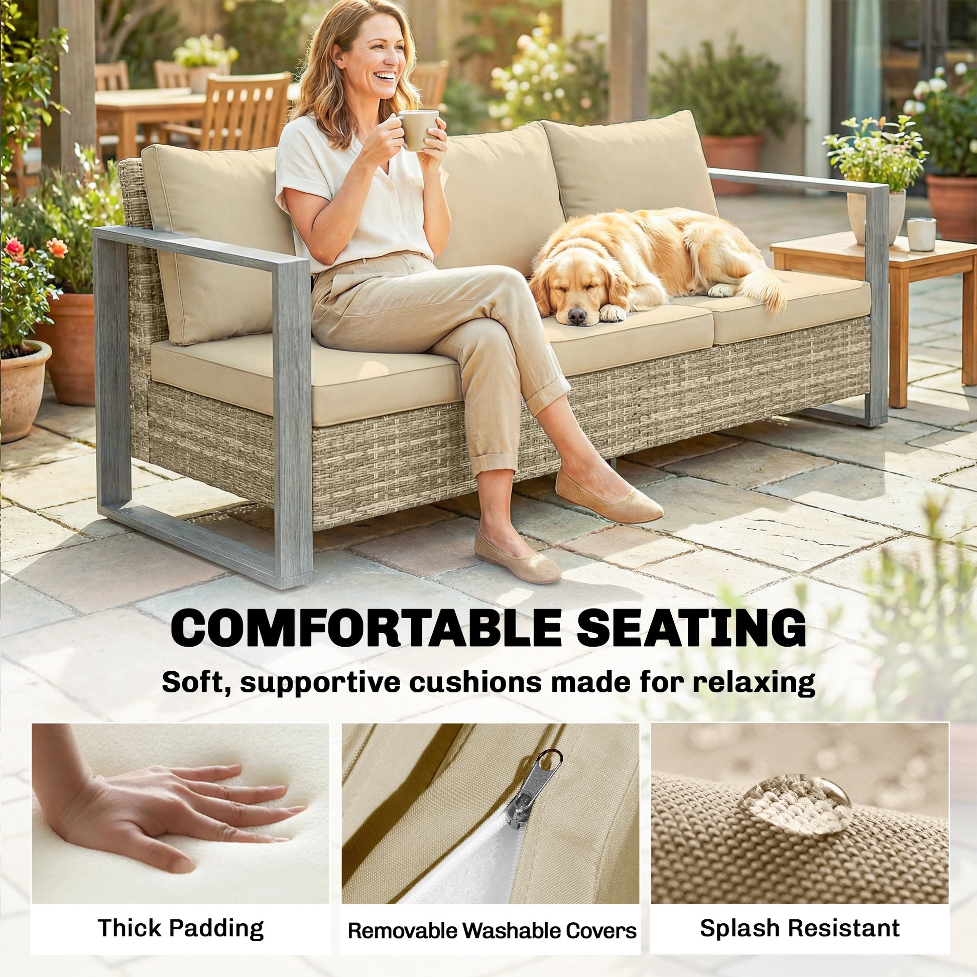3-Seater Patio Couch - Khaki Wicker 67"W-DECOROLALA