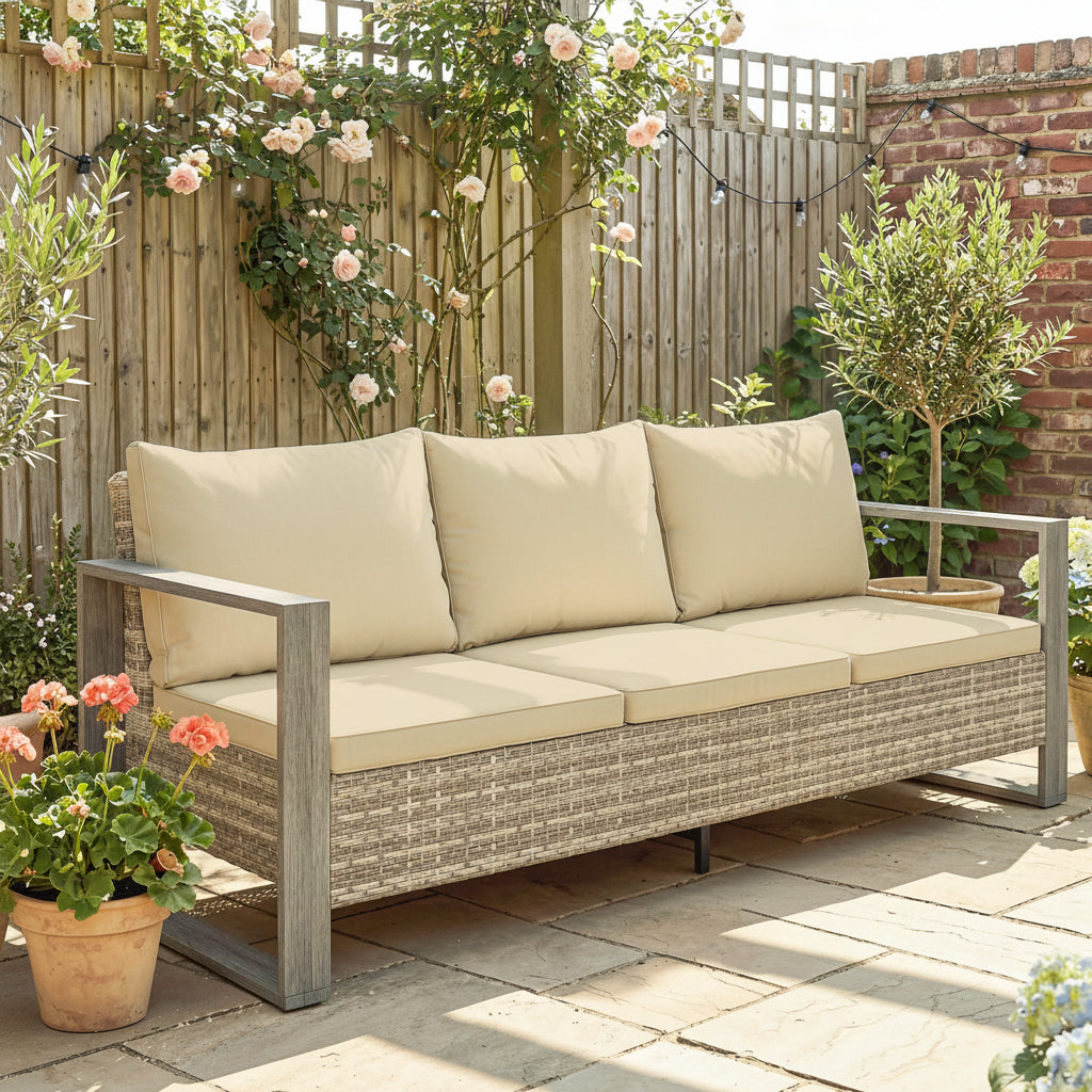 3-Seater Patio Couch - Khaki Wicker 67"W-DECOROLALA