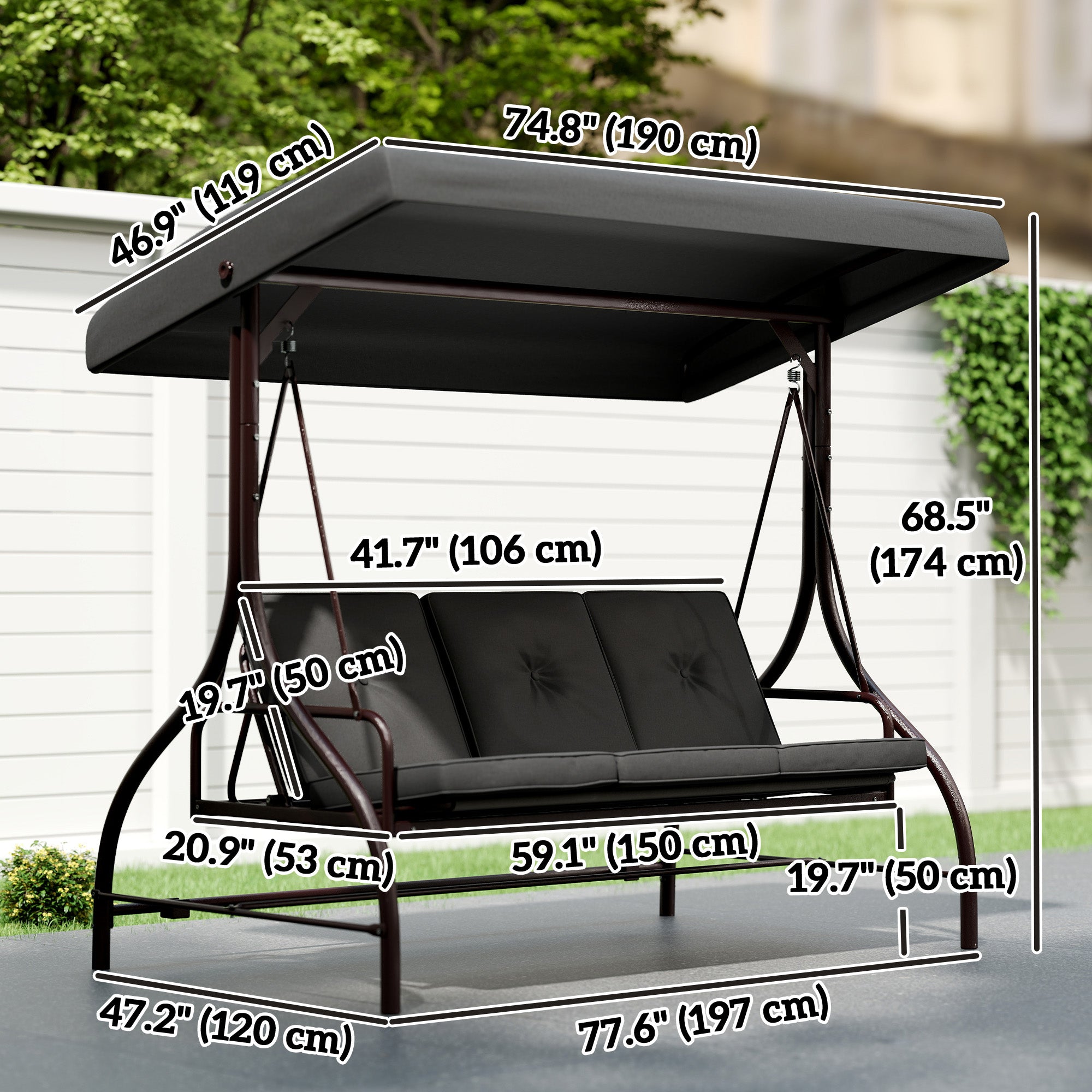 3-Seater Patio Swing Bed with Canopy - Dark Grey-DECOROLALA