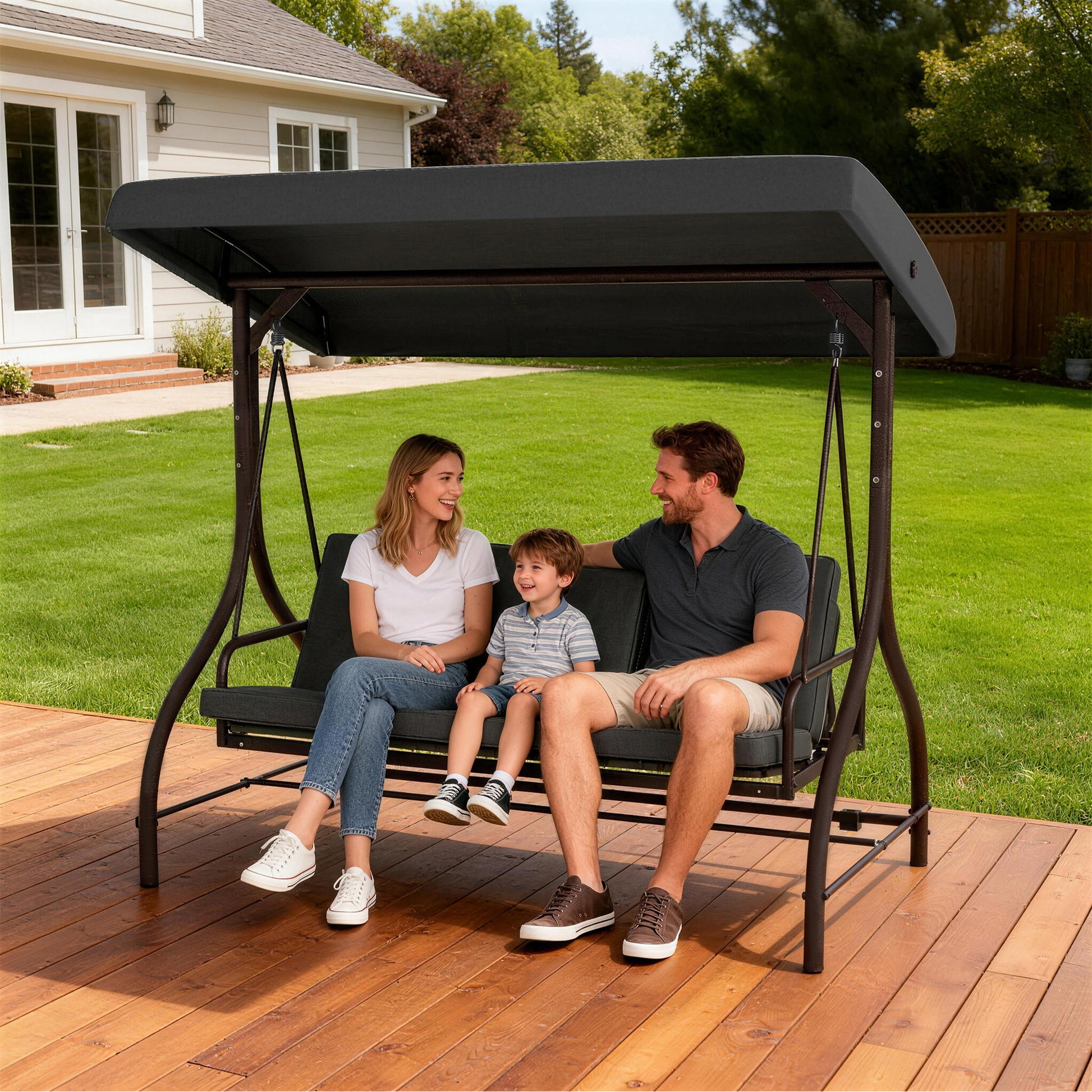3-Seater Patio Swing Bed with Canopy - Dark Grey-DECOROLALA
