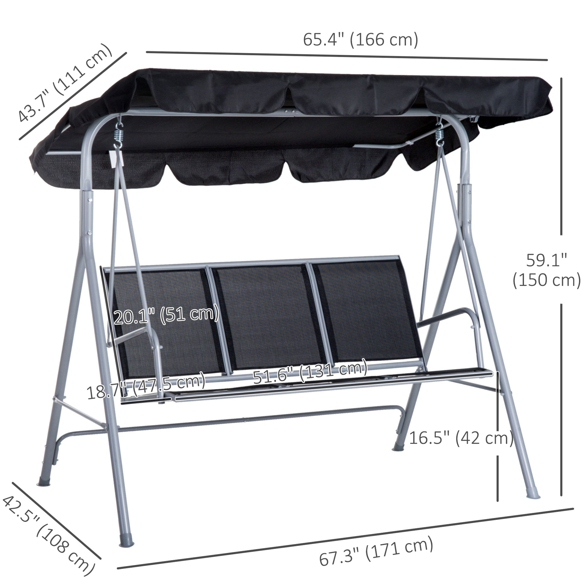 3-Seater Patio Swing with Canopy - Black-DECOROLALA
