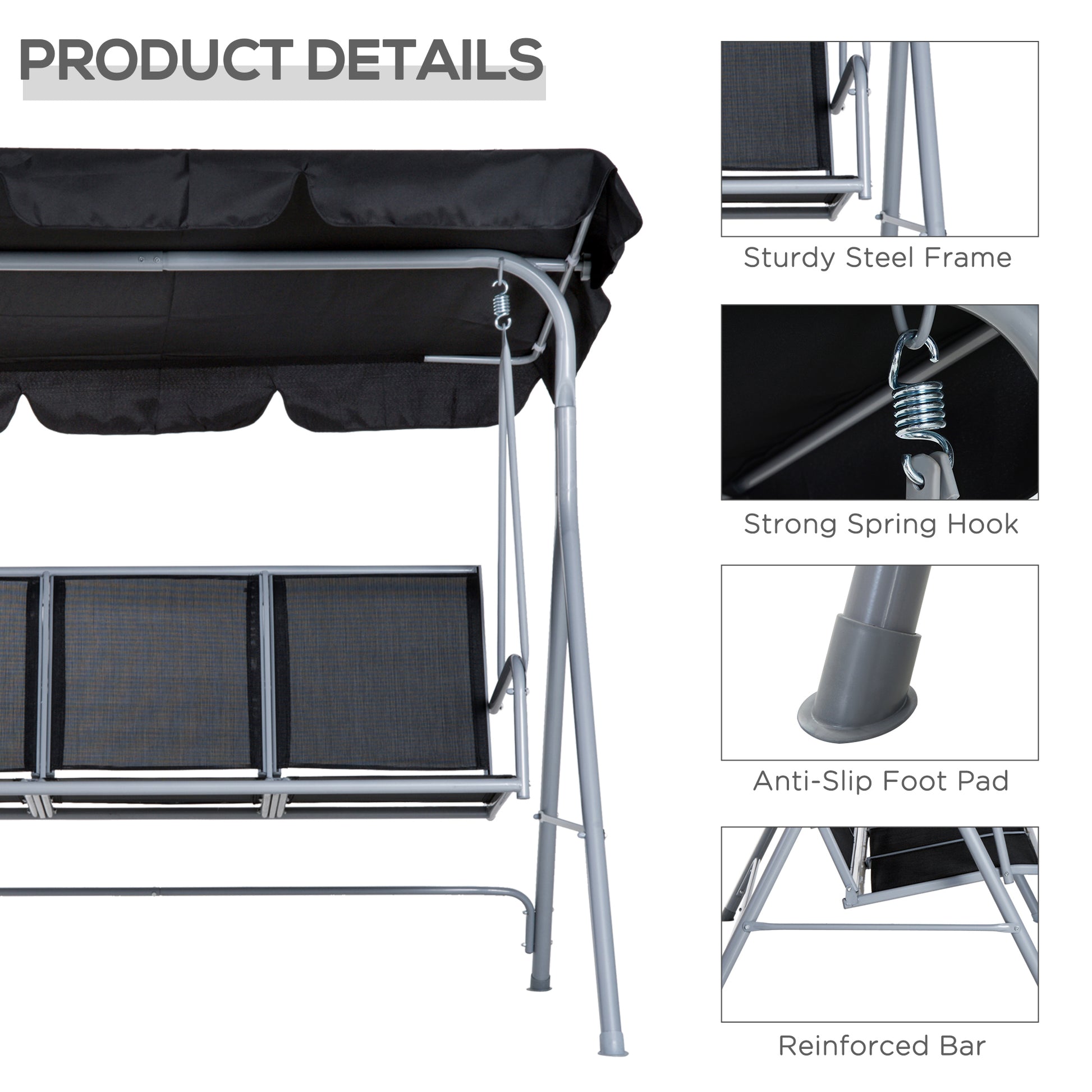 3-Seater Patio Swing with Canopy - Black-DECOROLALA