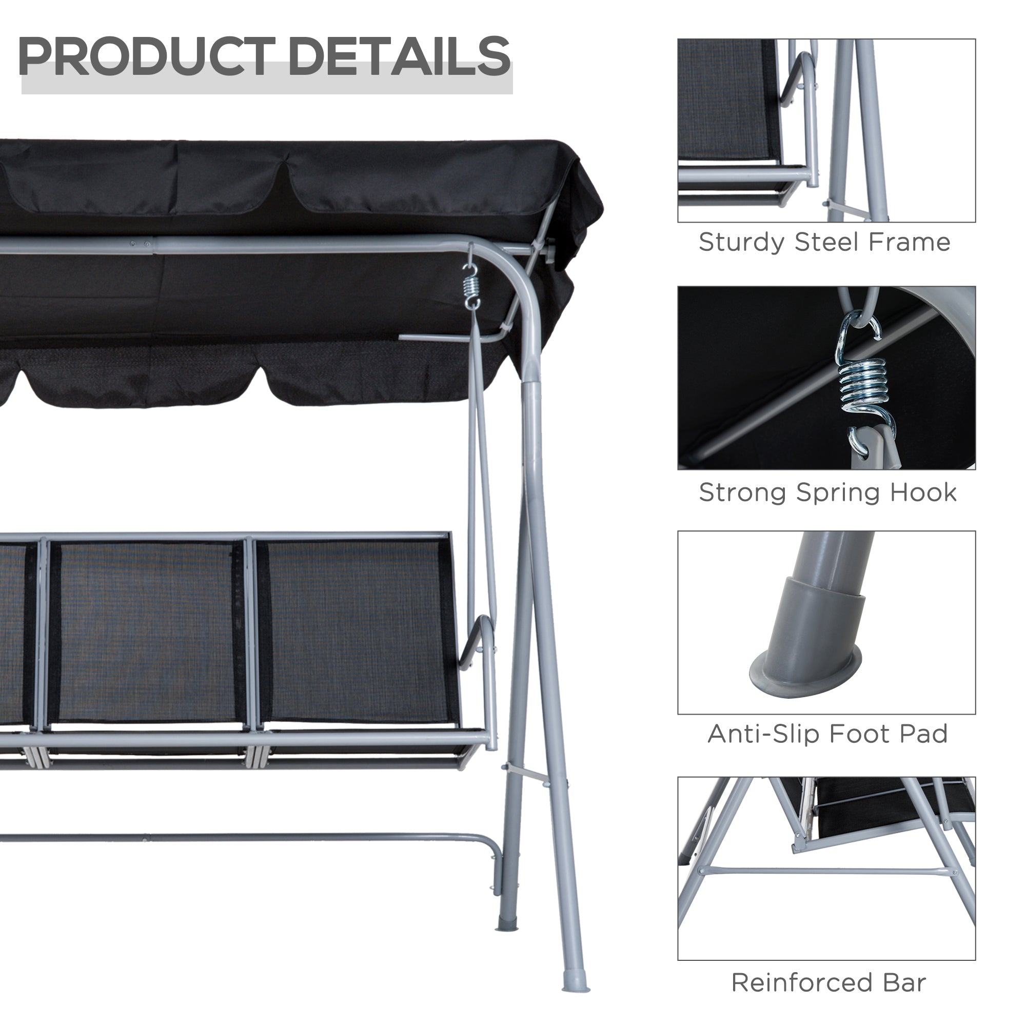 3-Seater Patio Swing with Canopy - Black-DECOROLALA