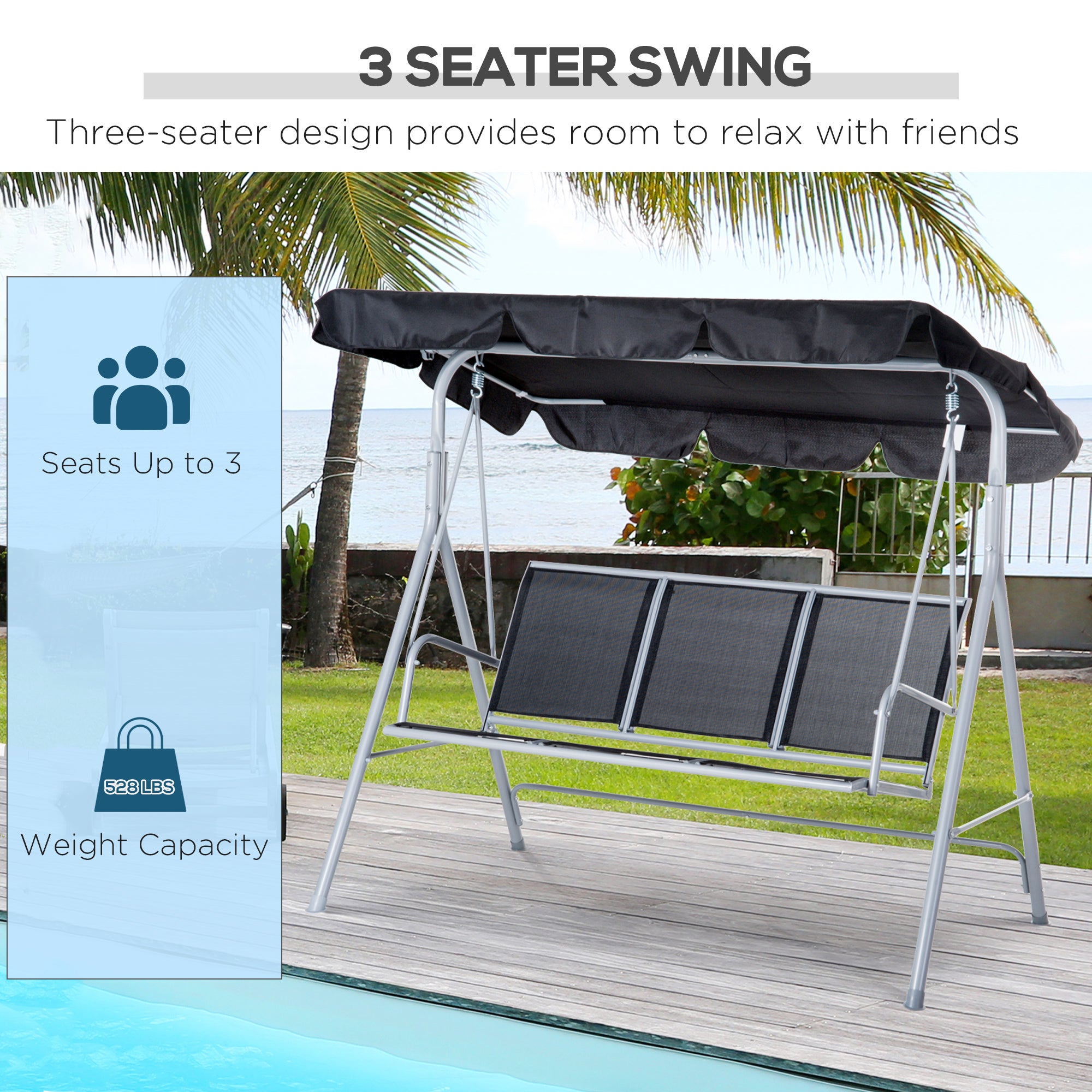 3-Seater Patio Swing with Canopy - Black-DECOROLALA