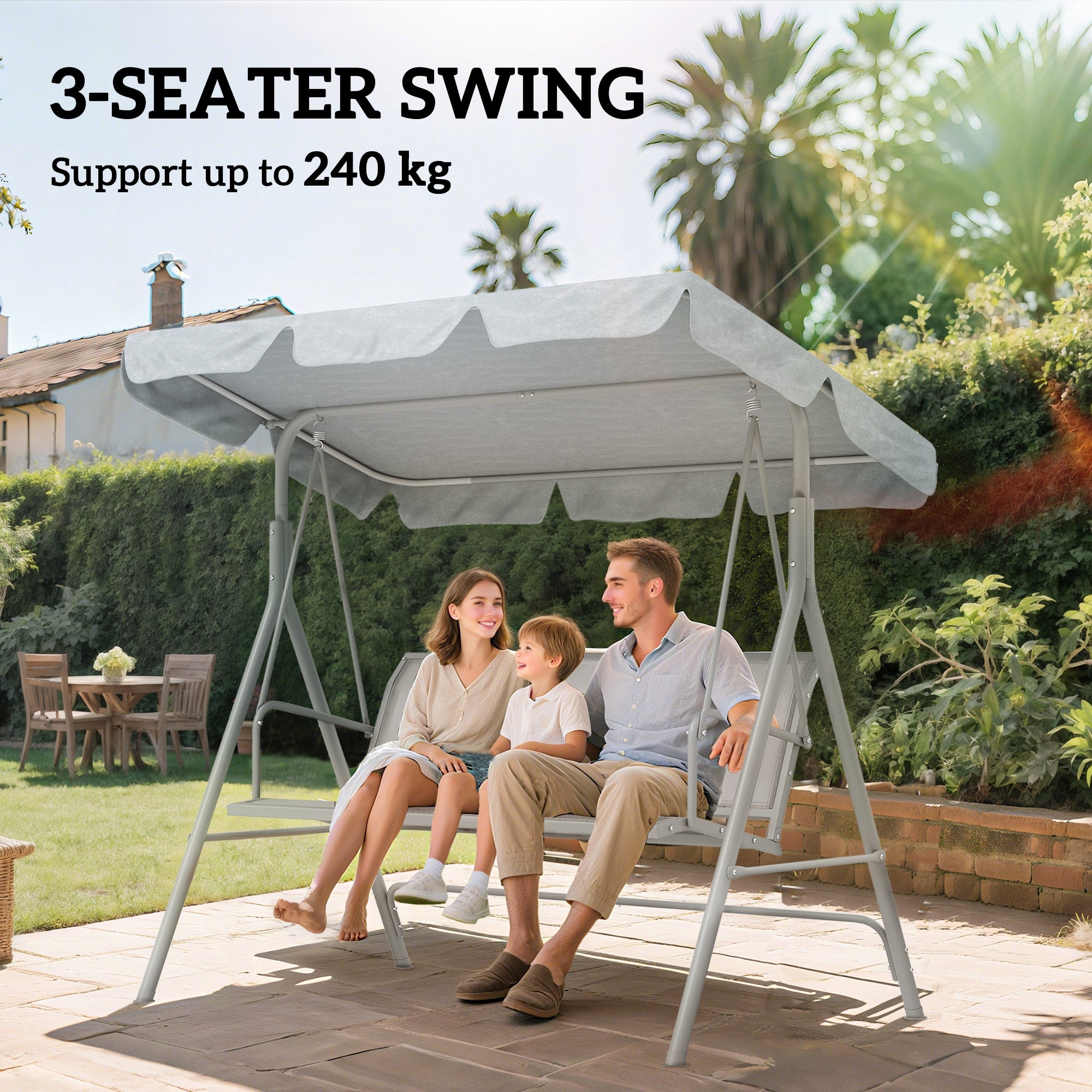 3-Seater Patio Swing with Canopy - Light Grey-DECOROLALA