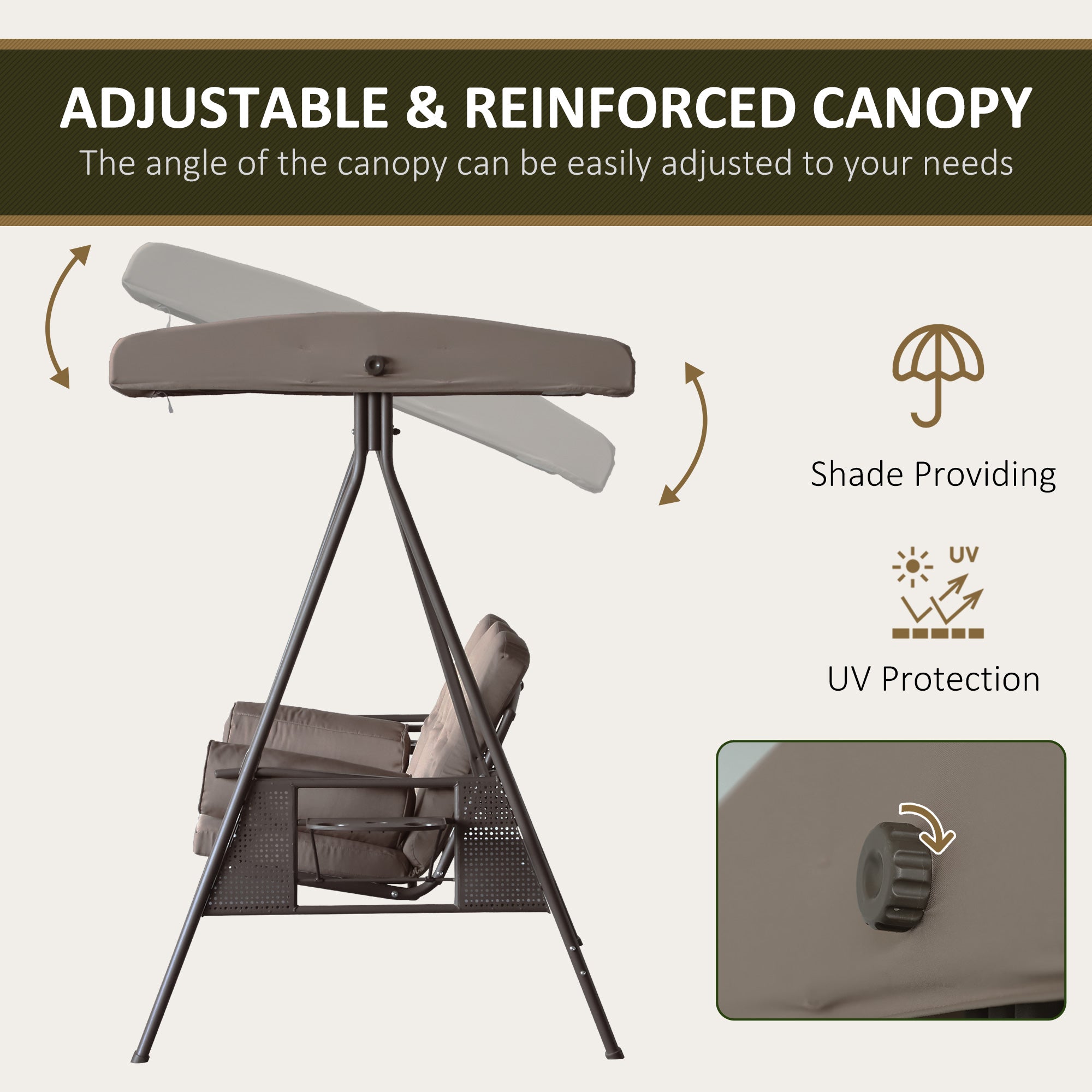 3 Seater Porch Swing Heavy Duty Brown Canopy-DECOROLALA