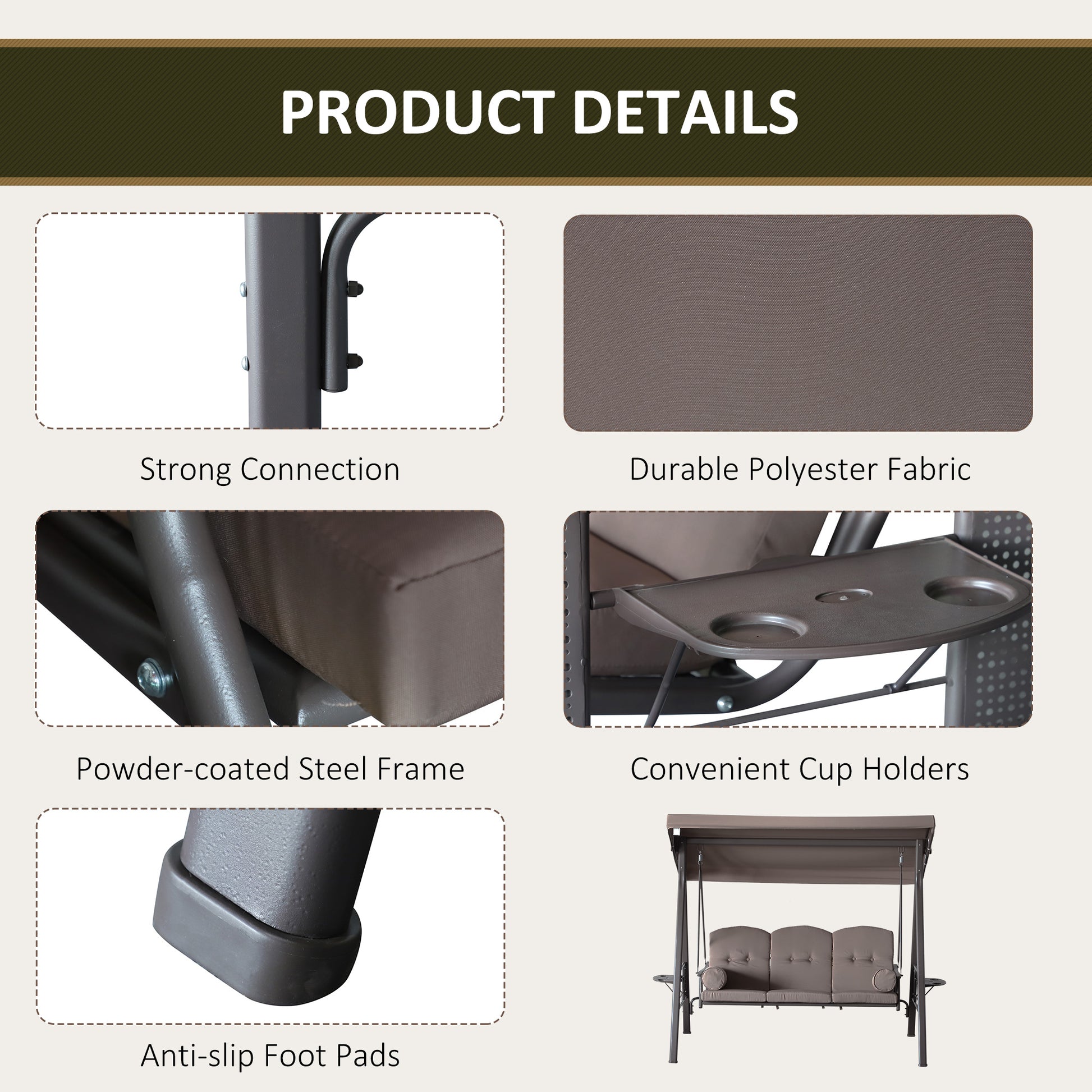 3 Seater Porch Swing Heavy Duty Brown Canopy-DECOROLALA