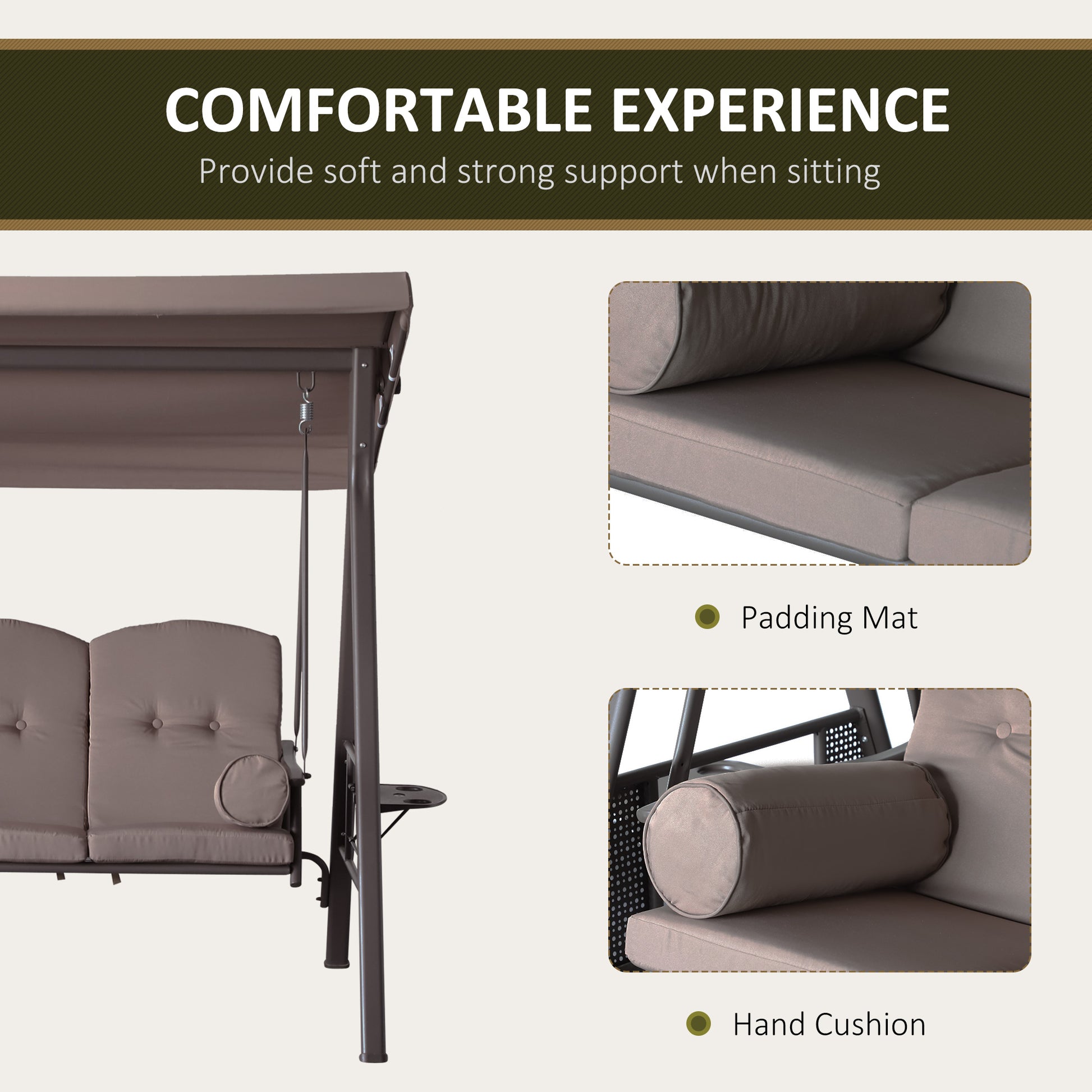3 Seater Porch Swing Heavy Duty Brown Canopy-DECOROLALA