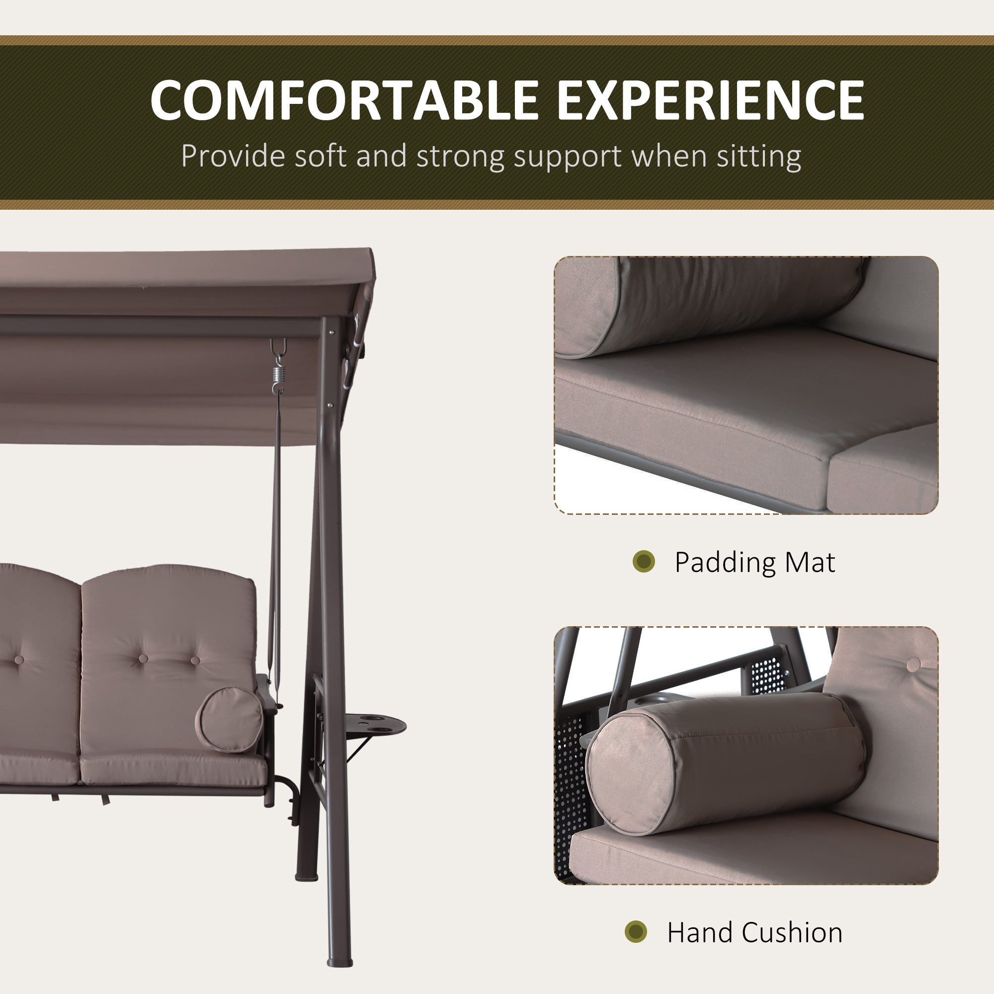 3 Seater Porch Swing Heavy Duty Brown Canopy-DECOROLALA