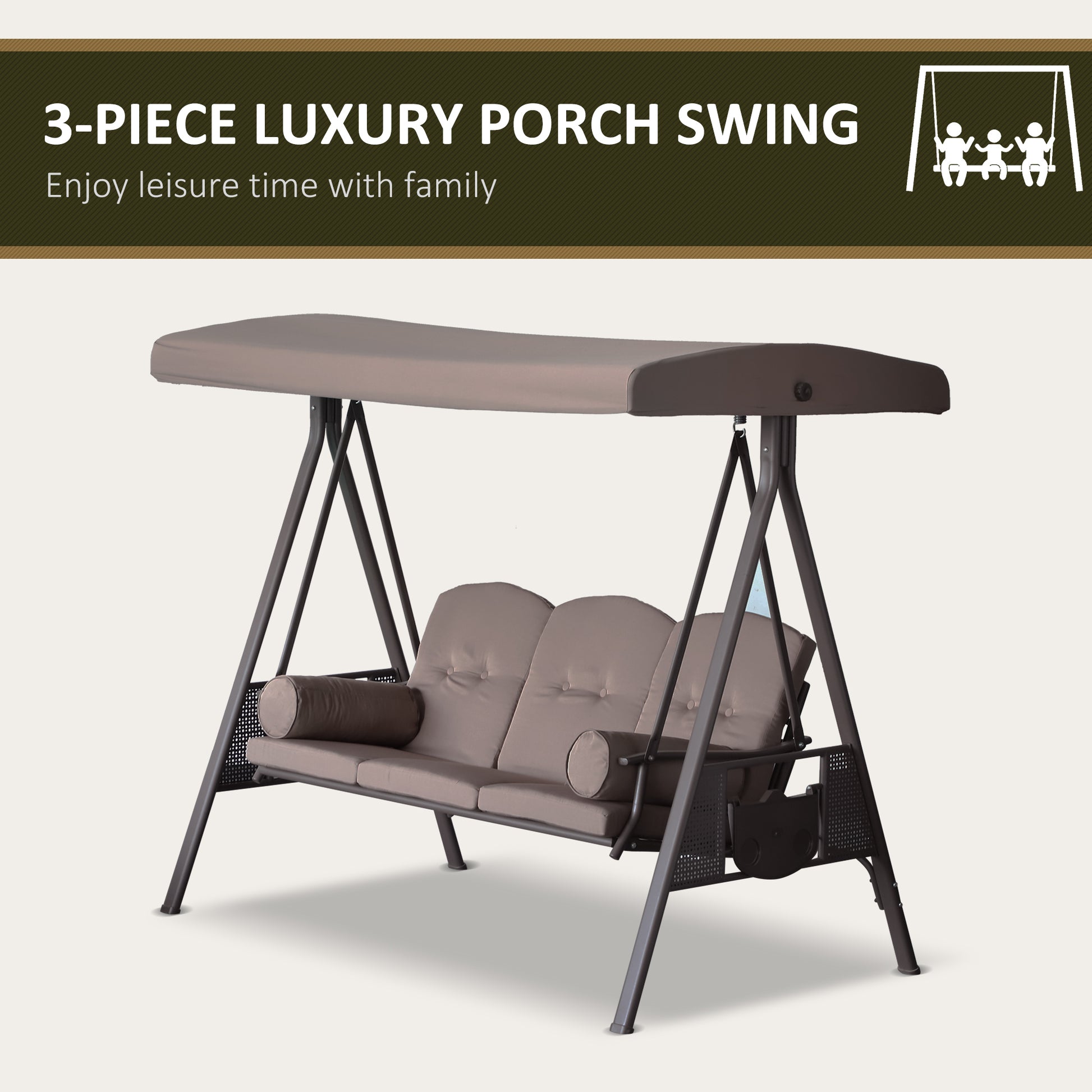 3 Seater Porch Swing Heavy Duty Brown Canopy-DECOROLALA