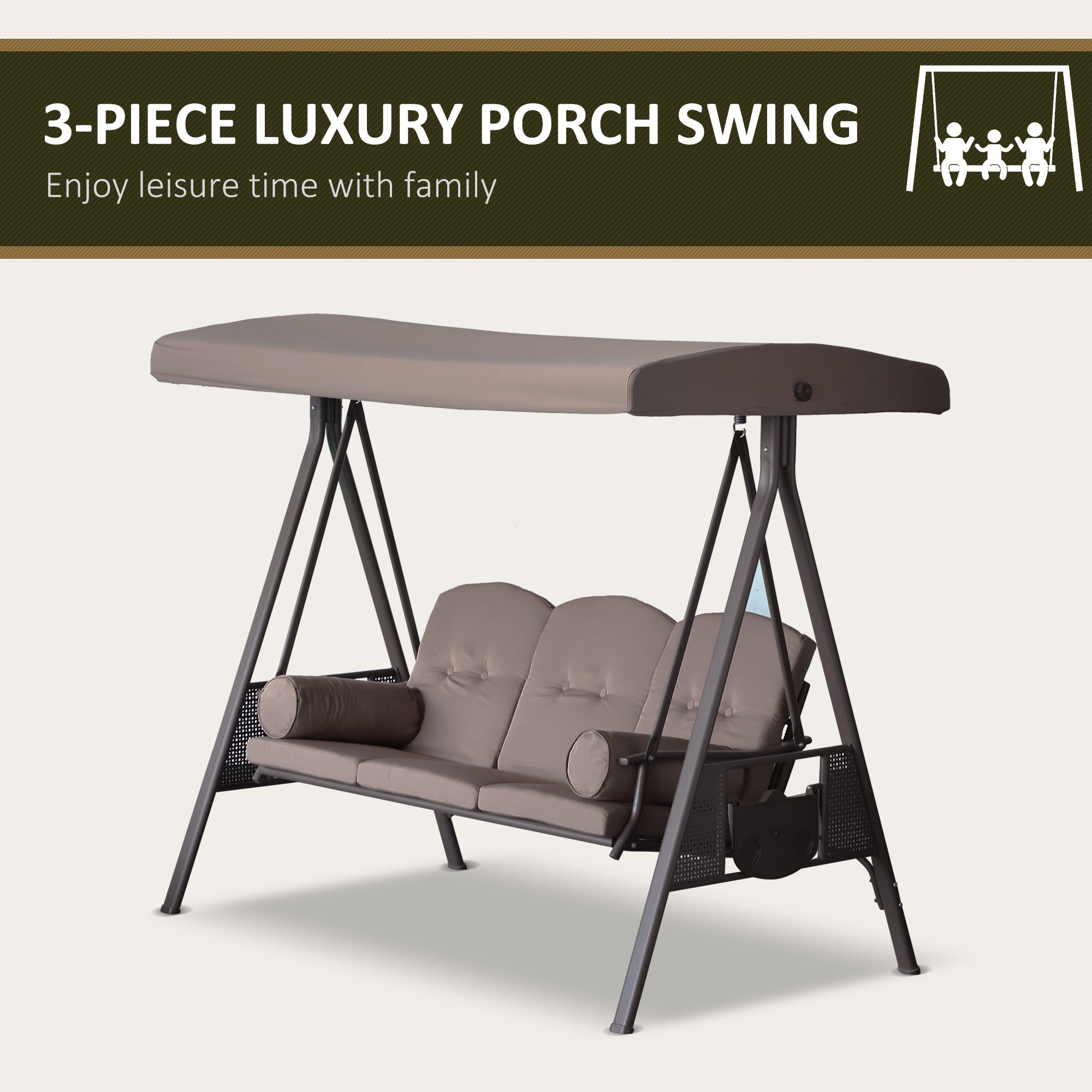 3 Seater Porch Swing Heavy Duty Brown Canopy-DECOROLALA
