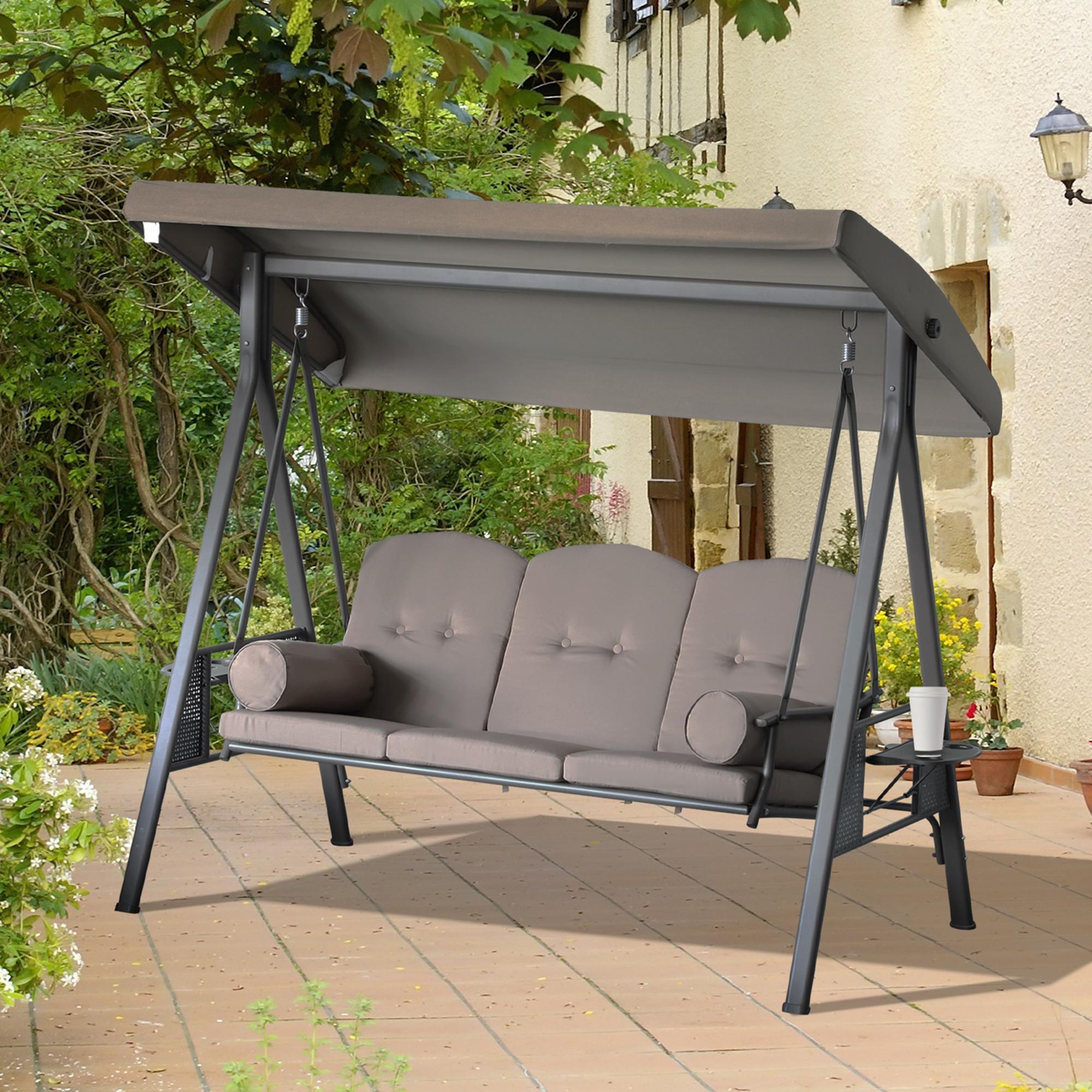 3 Seater Porch Swing Heavy Duty Brown Canopy-DECOROLALA