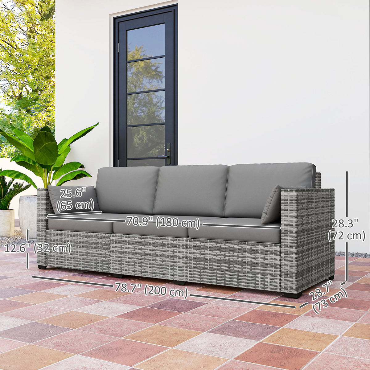 3-Seater Rattan Patio Sofa Grey with Cushions-Outdoor Furniture-DECOROLALA