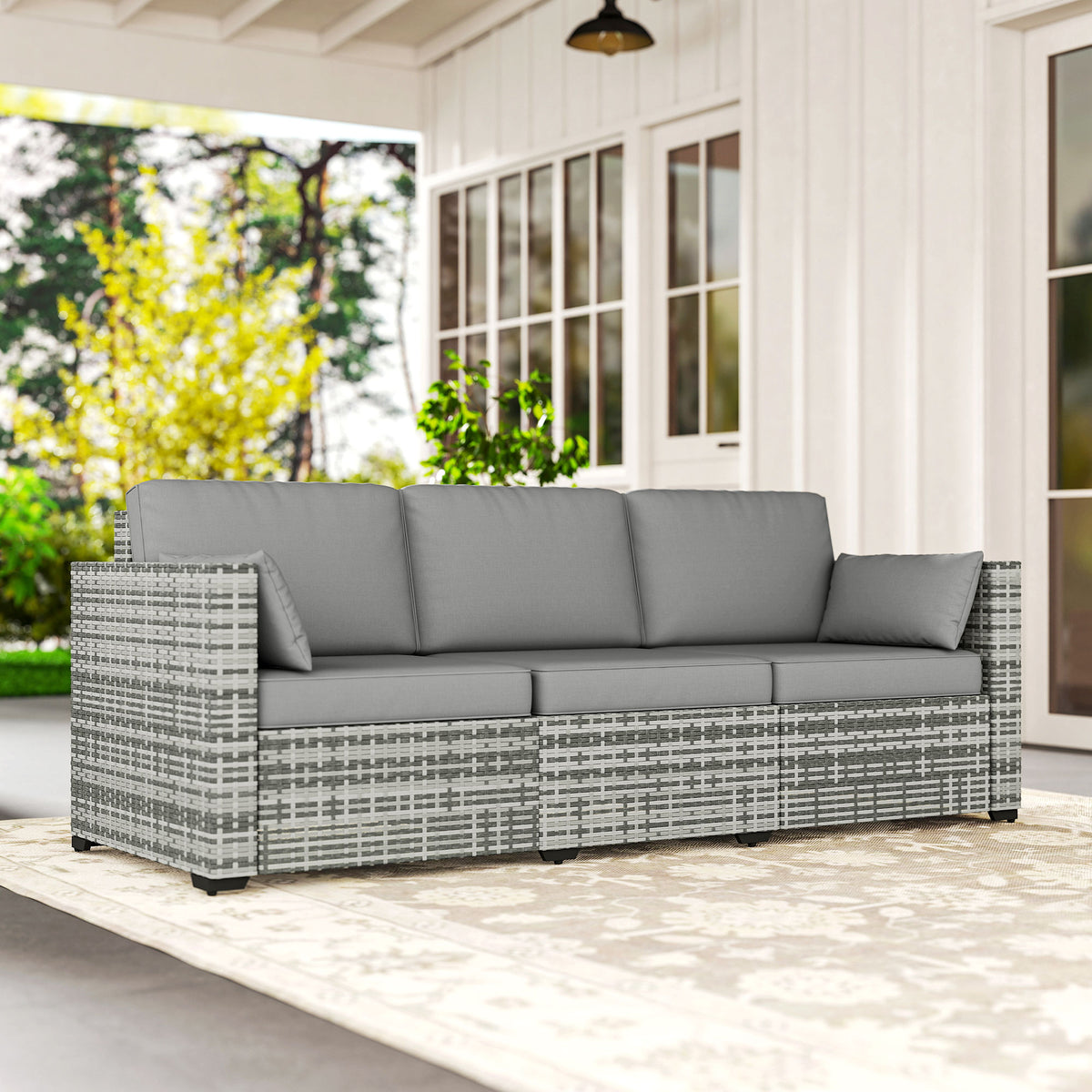 3-Seater Rattan Patio Sofa Grey with Cushions-Outdoor Furniture-DECOROLALA