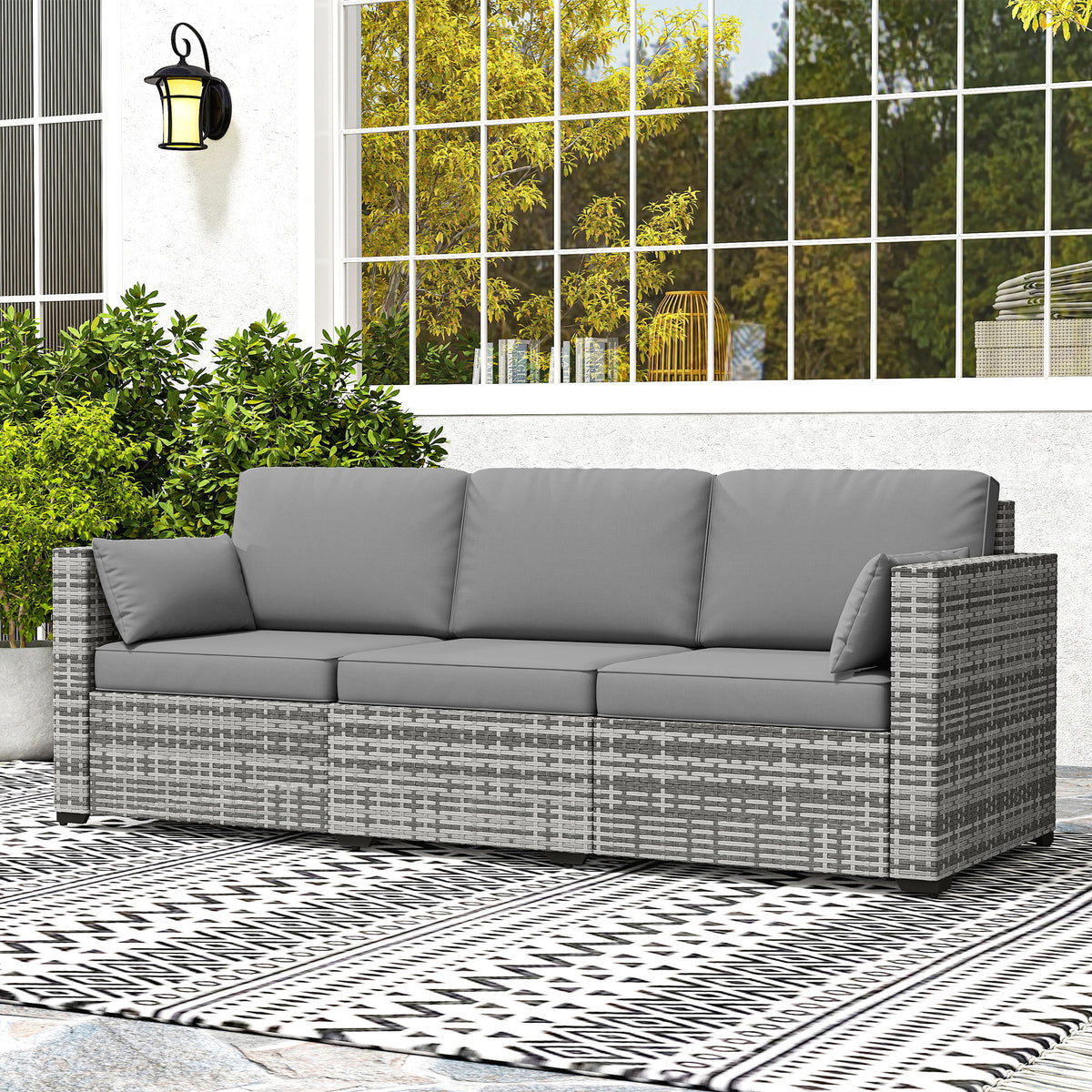 3-Seater Rattan Patio Sofa Grey with Cushions-Outdoor Furniture-DECOROLALA