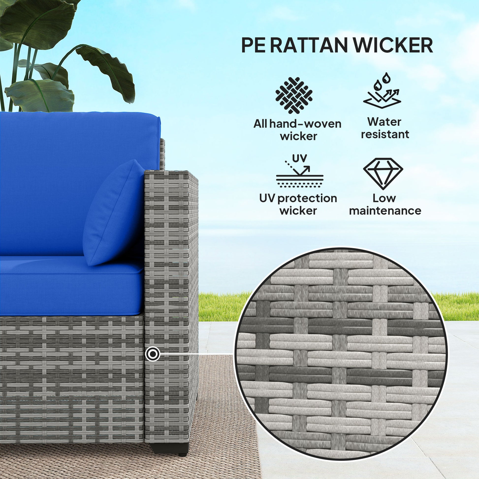 3-Seater Rattan Patio Sofa with Cushions Blue-DECOROLALA