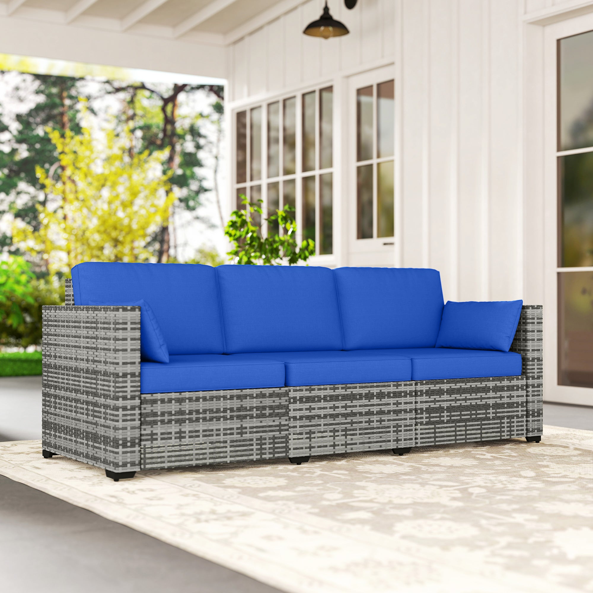 3-Seater Rattan Patio Sofa with Cushions Blue-DECOROLALA