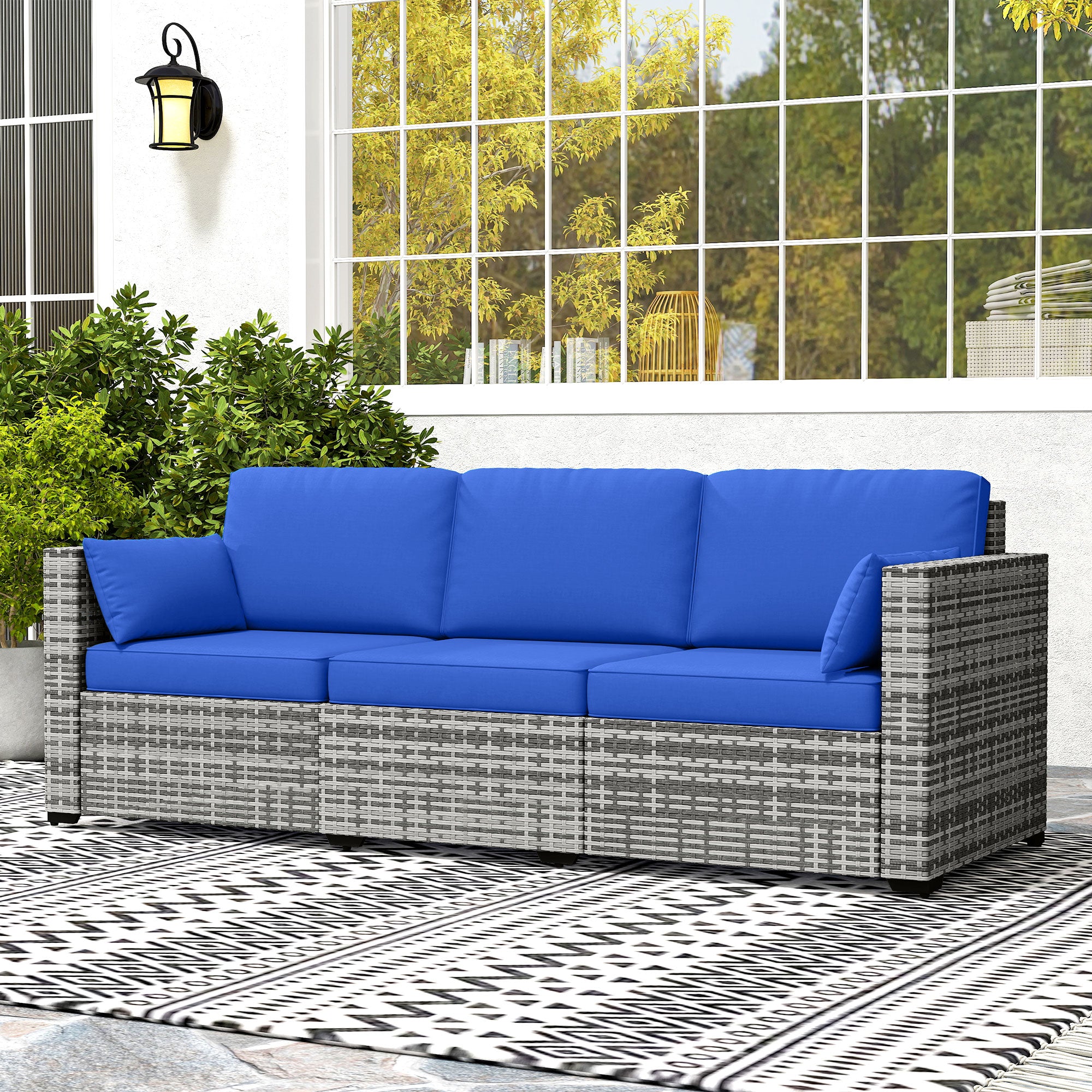 3-Seater Rattan Patio Sofa with Cushions Blue-DECOROLALA