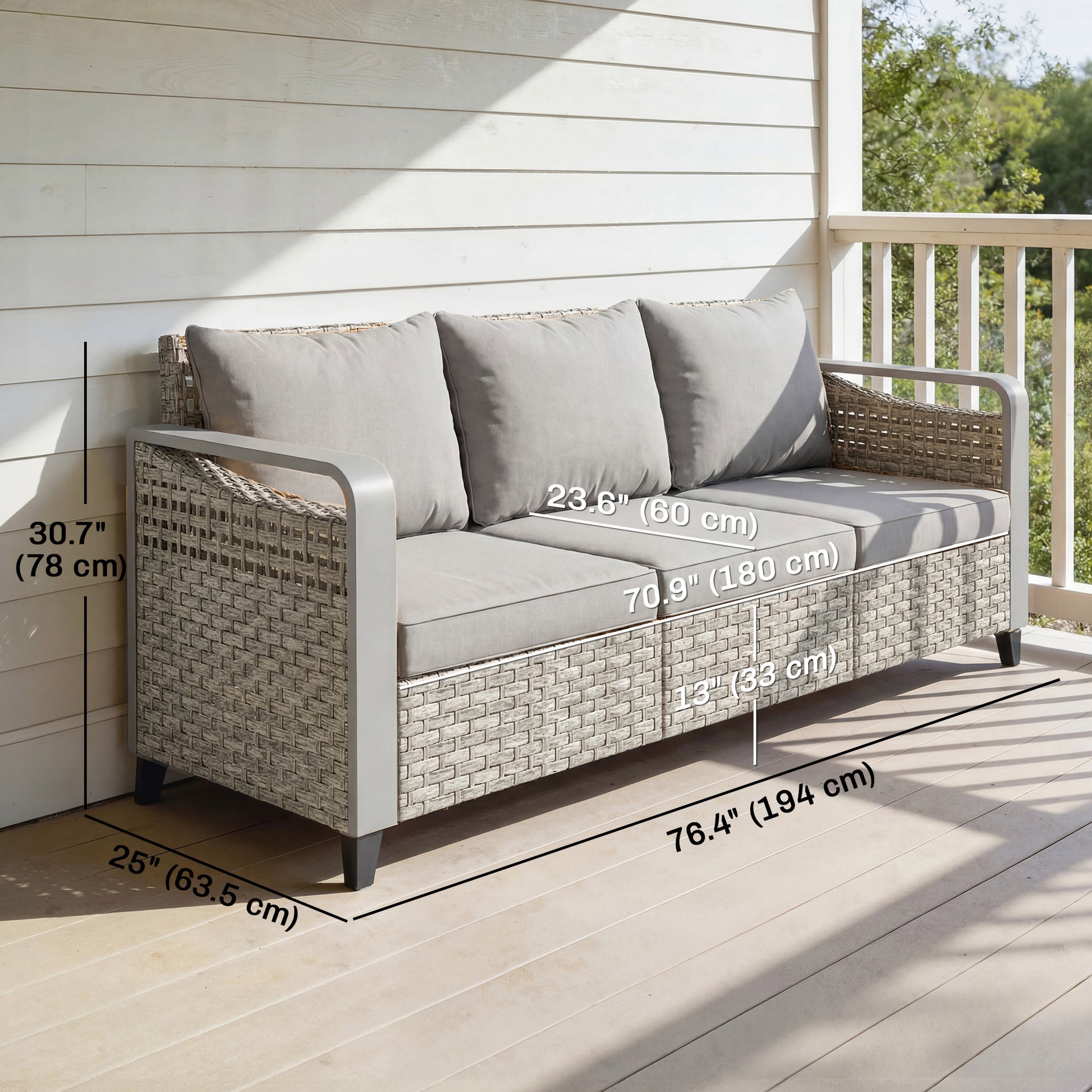 3-Seater Rattan Wicker Outdoor Sofa - Grey Patio Couch-DECOROLALA