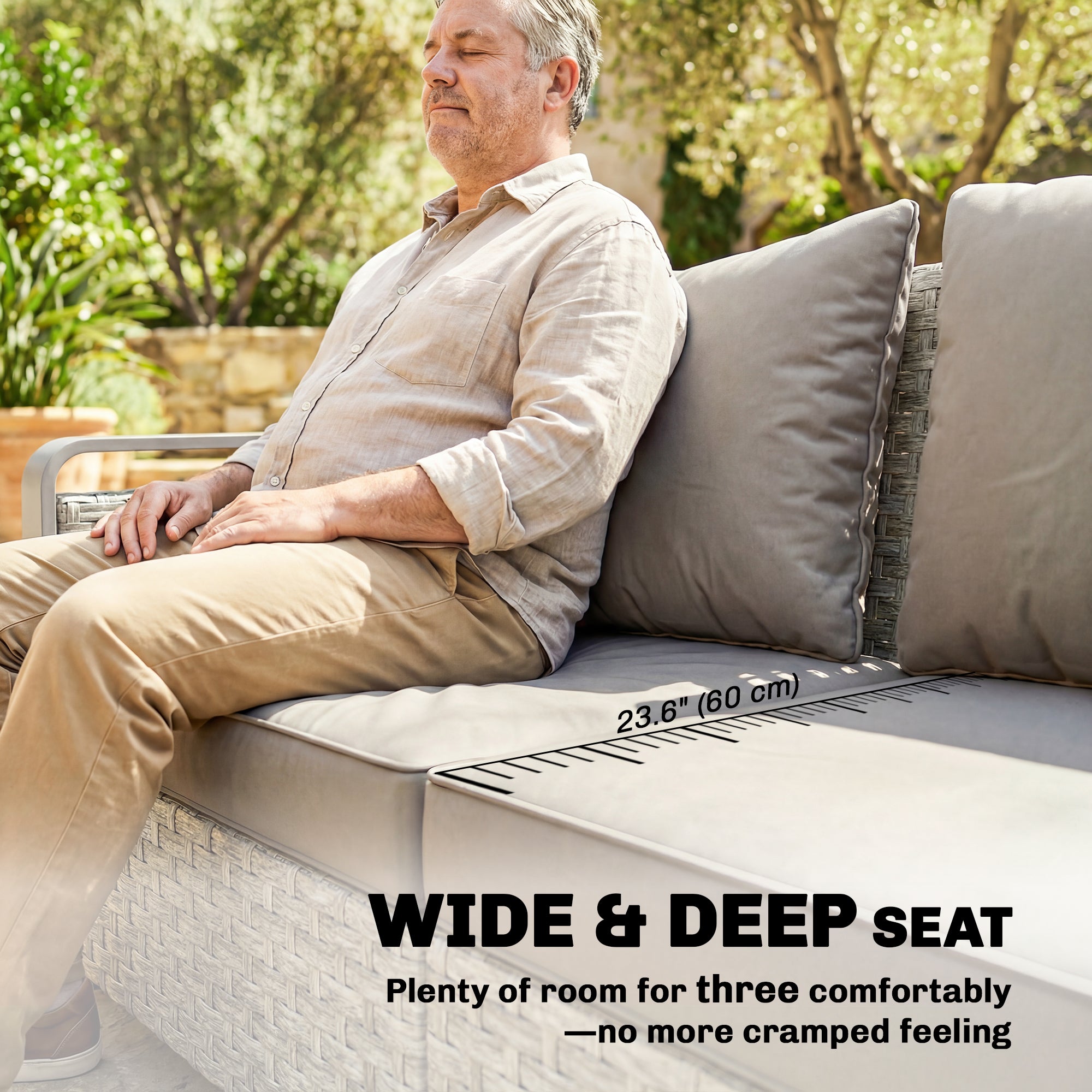 3-Seater Rattan Wicker Outdoor Sofa - Grey Patio Couch-DECOROLALA