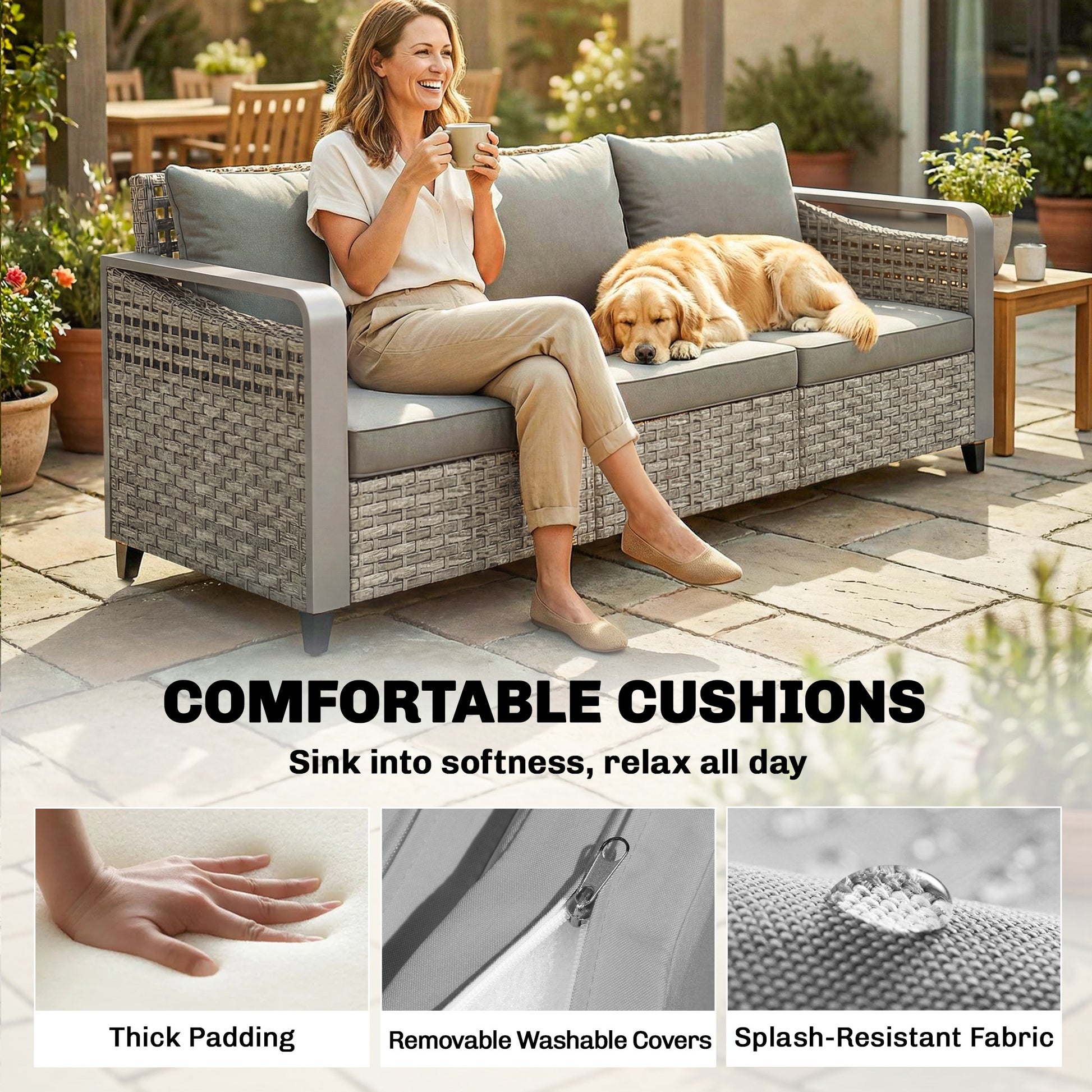 3-Seater Rattan Wicker Outdoor Sofa - Grey Patio Couch-DECOROLALA