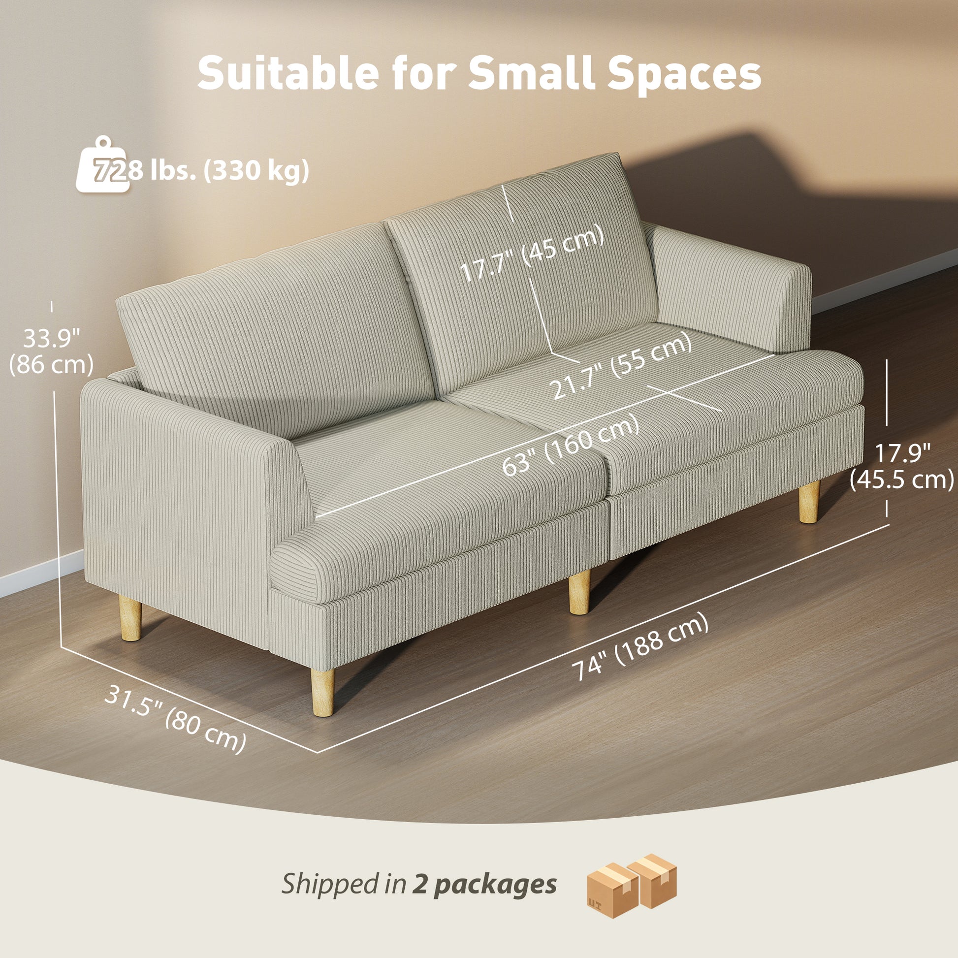 3 Seater Sofa 74" Corduroy - Beige-DECOROLALA