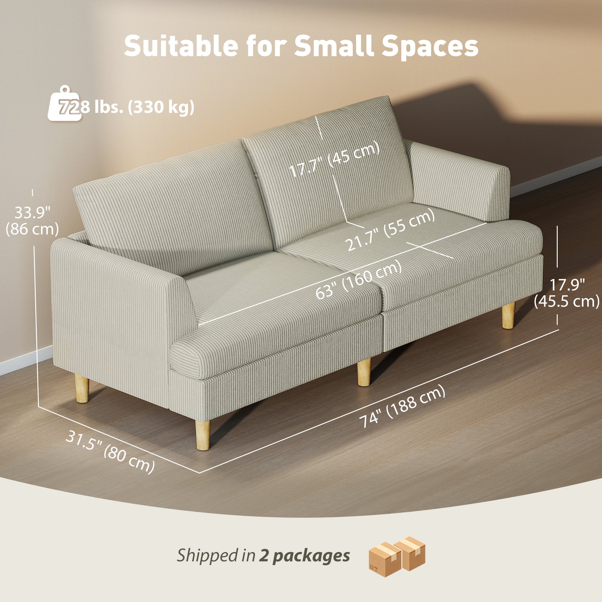 3 Seater Sofa 74" Corduroy - Beige-DECOROLALA
