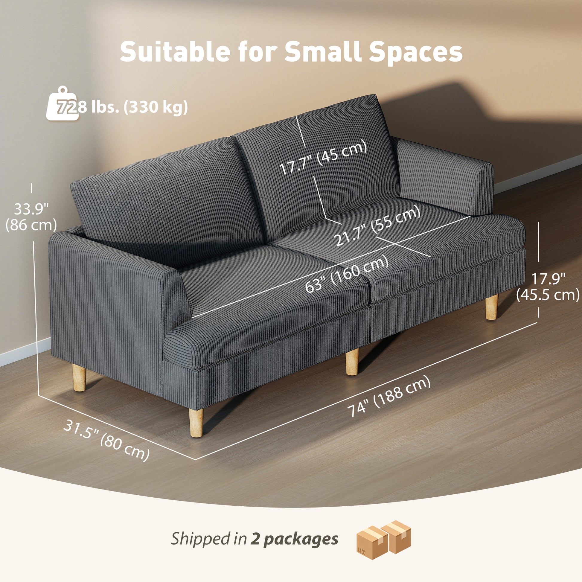3 Seater Sofa 74" Corduroy Dark Grey-DECOROLALA