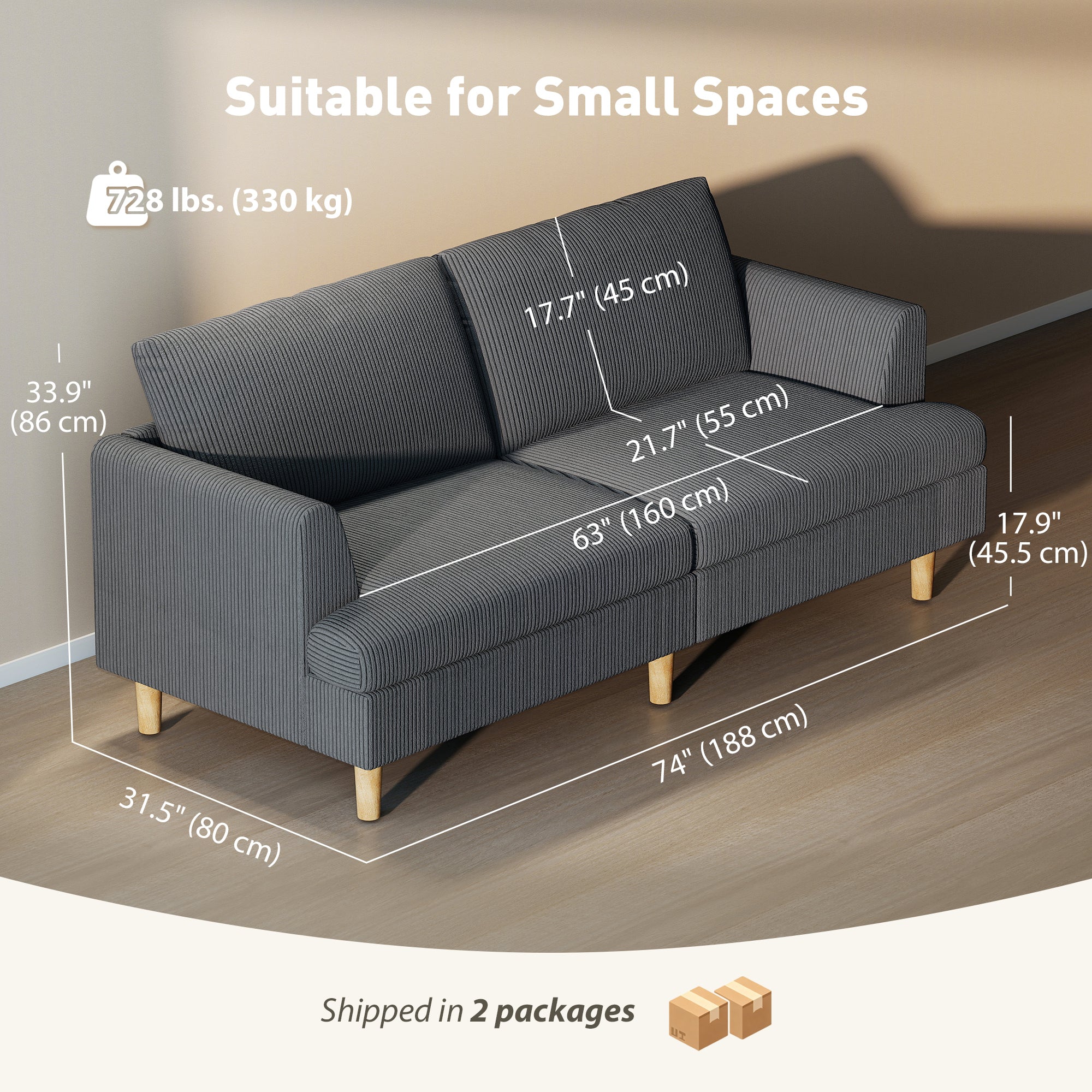3 Seater Sofa 74" Corduroy Dark Grey-DECOROLALA