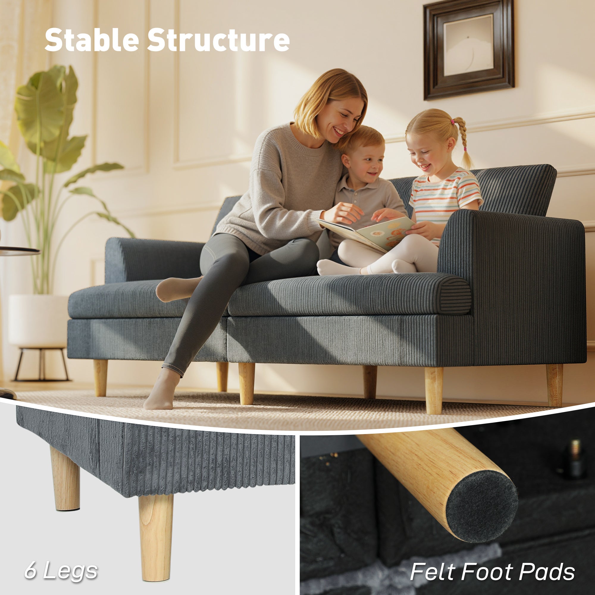 3 Seater Sofa 74" Corduroy Dark Grey-DECOROLALA