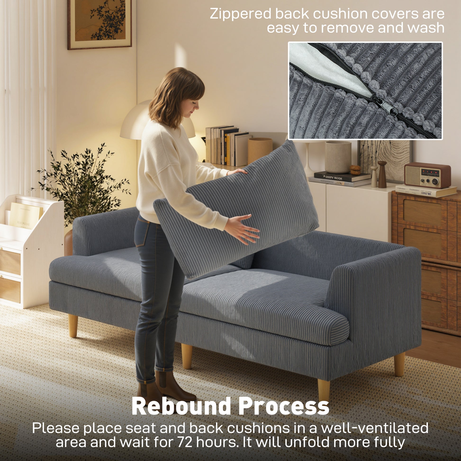 3 Seater Sofa 74" Corduroy Dark Grey-DECOROLALA