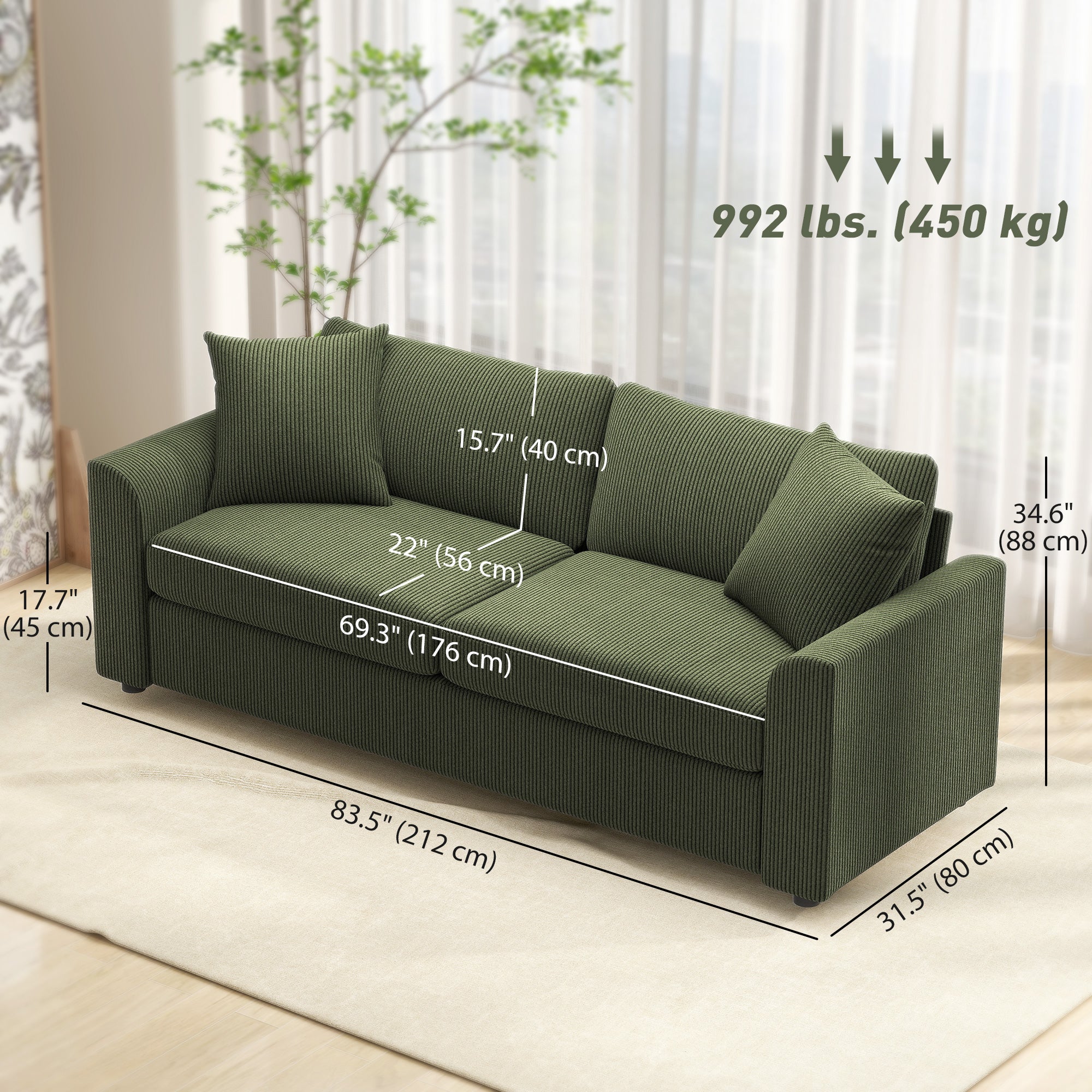 3 Seater Sofa - 83.5" Green Modern Couch with Pocket Springs, Upholstered-DECOROLALA