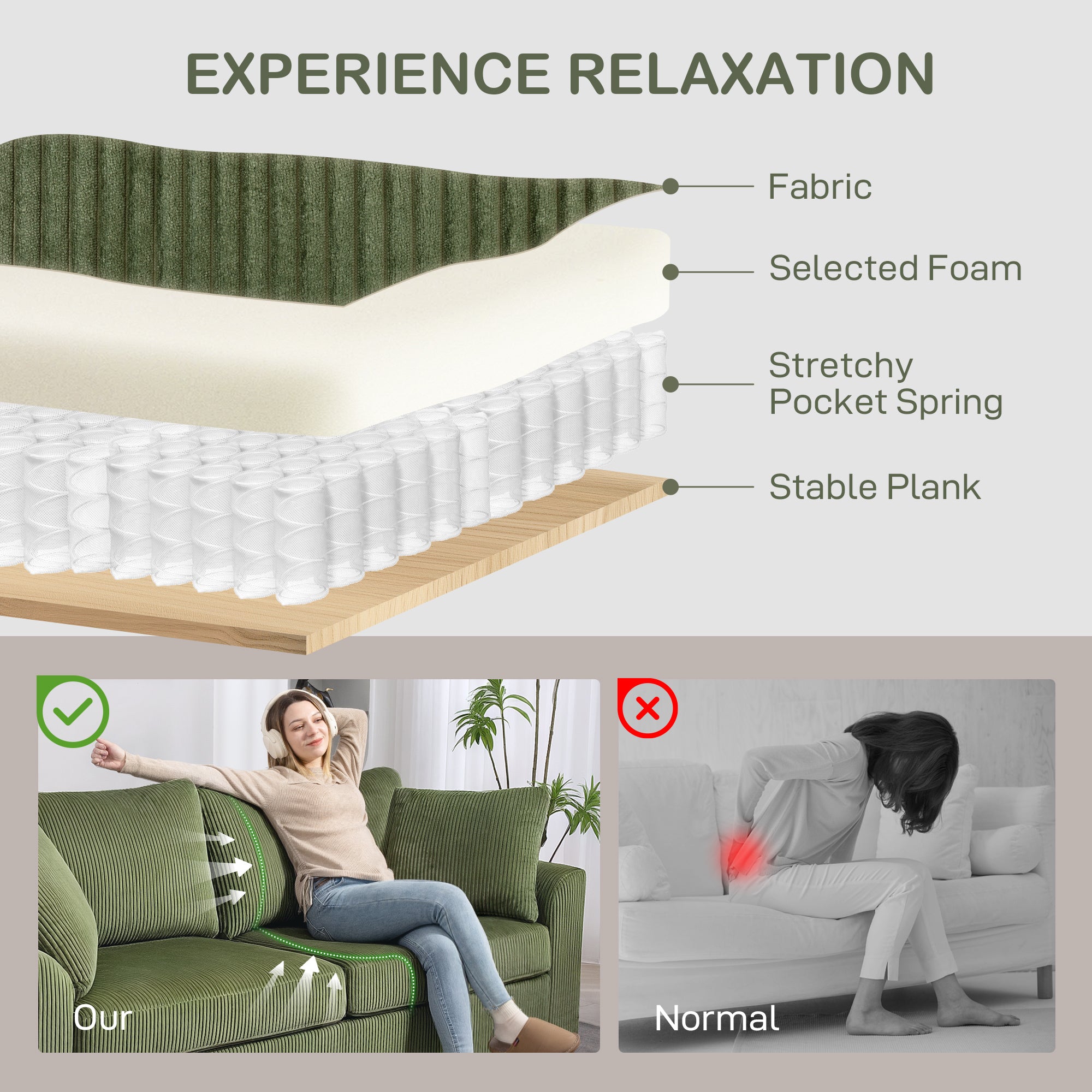 3 Seater Sofa - 83.5" Green Modern Couch with Pocket Springs, Upholstered-DECOROLALA