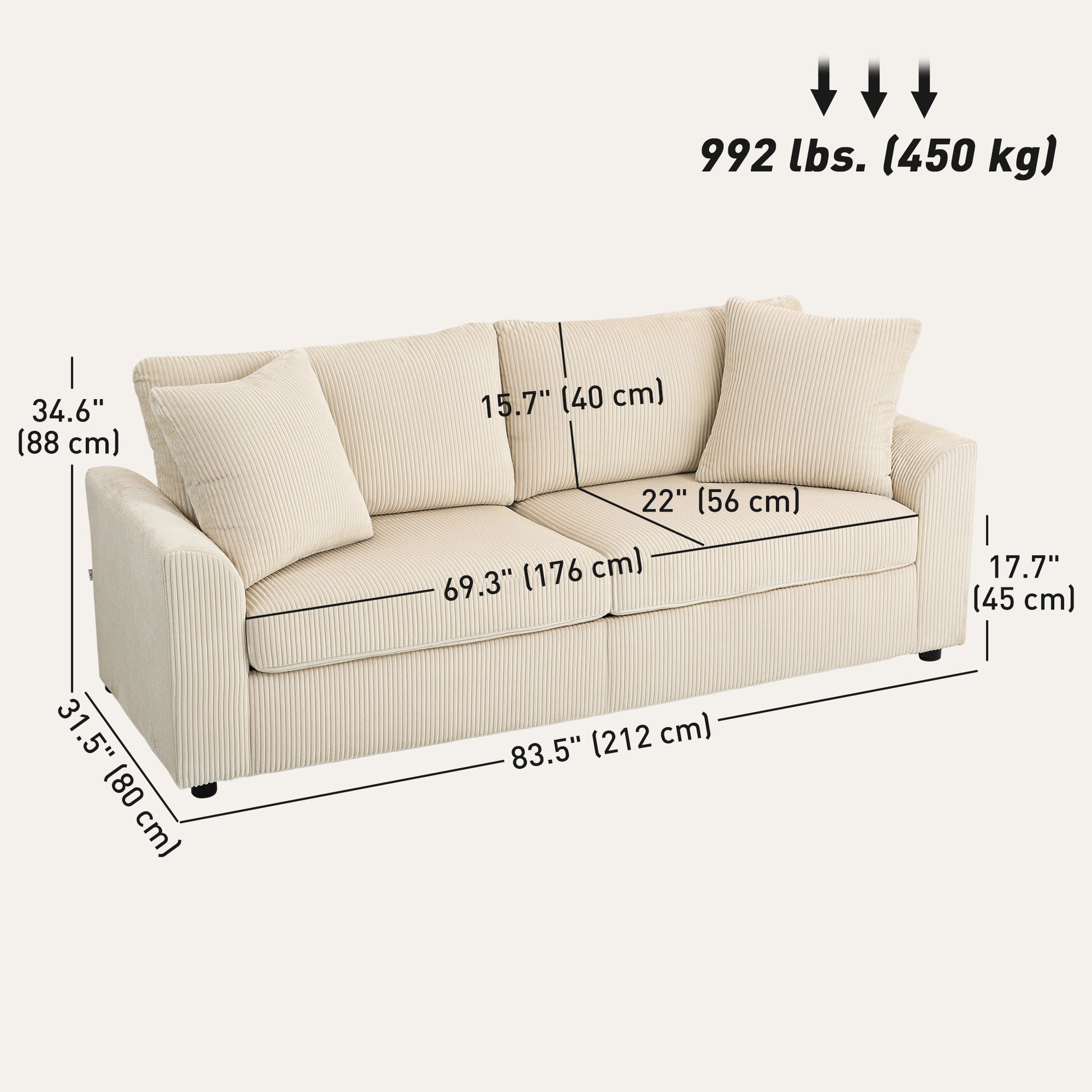 3 Seater Sofa - 83.5" Modern Couch, Cream White, Pocket Spring, 2 Scatter Cushions-DECOROLALA