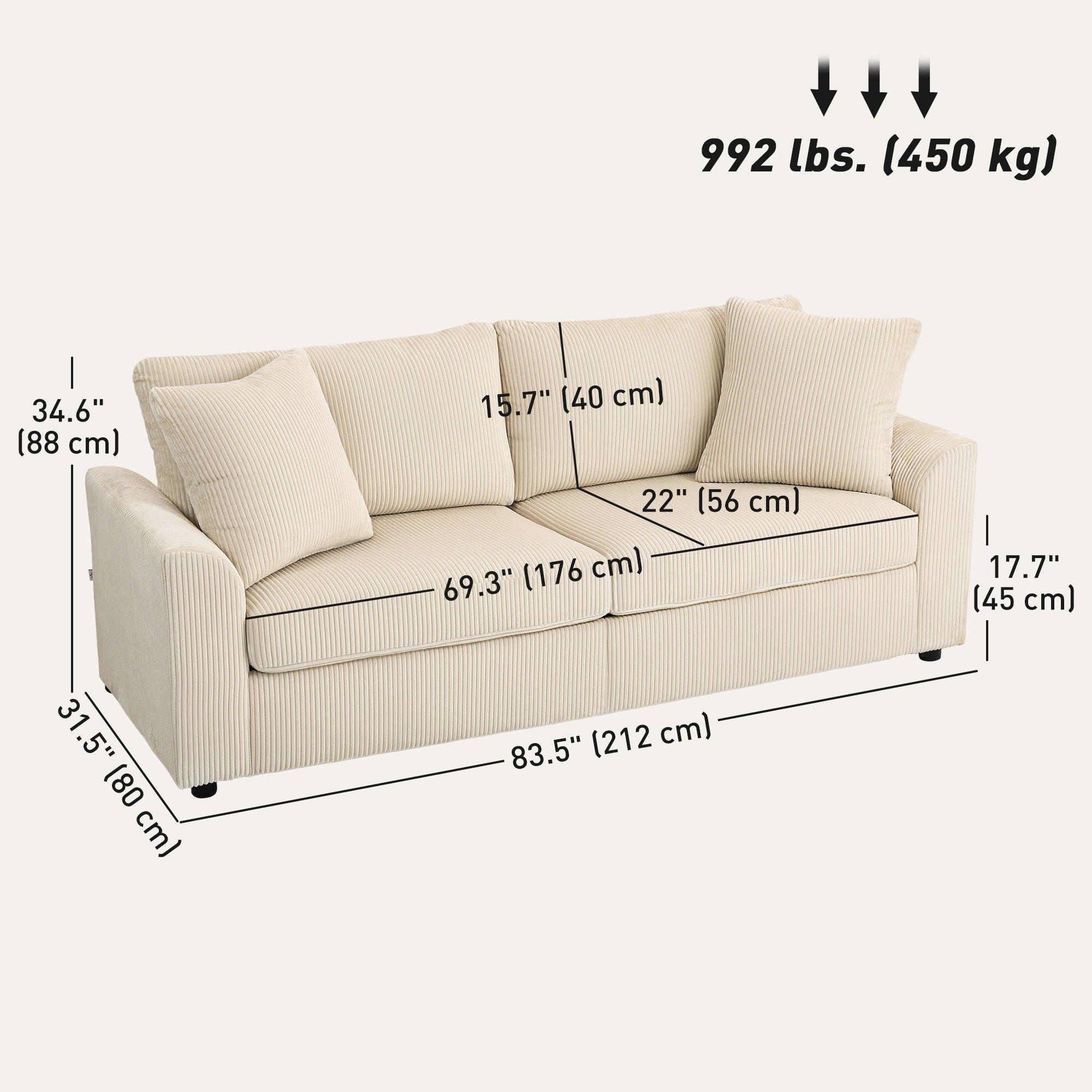 3 Seater Sofa - 83.5" Modern Couch, Cream White, Pocket Spring, 2 Scatter Cushions-DECOROLALA