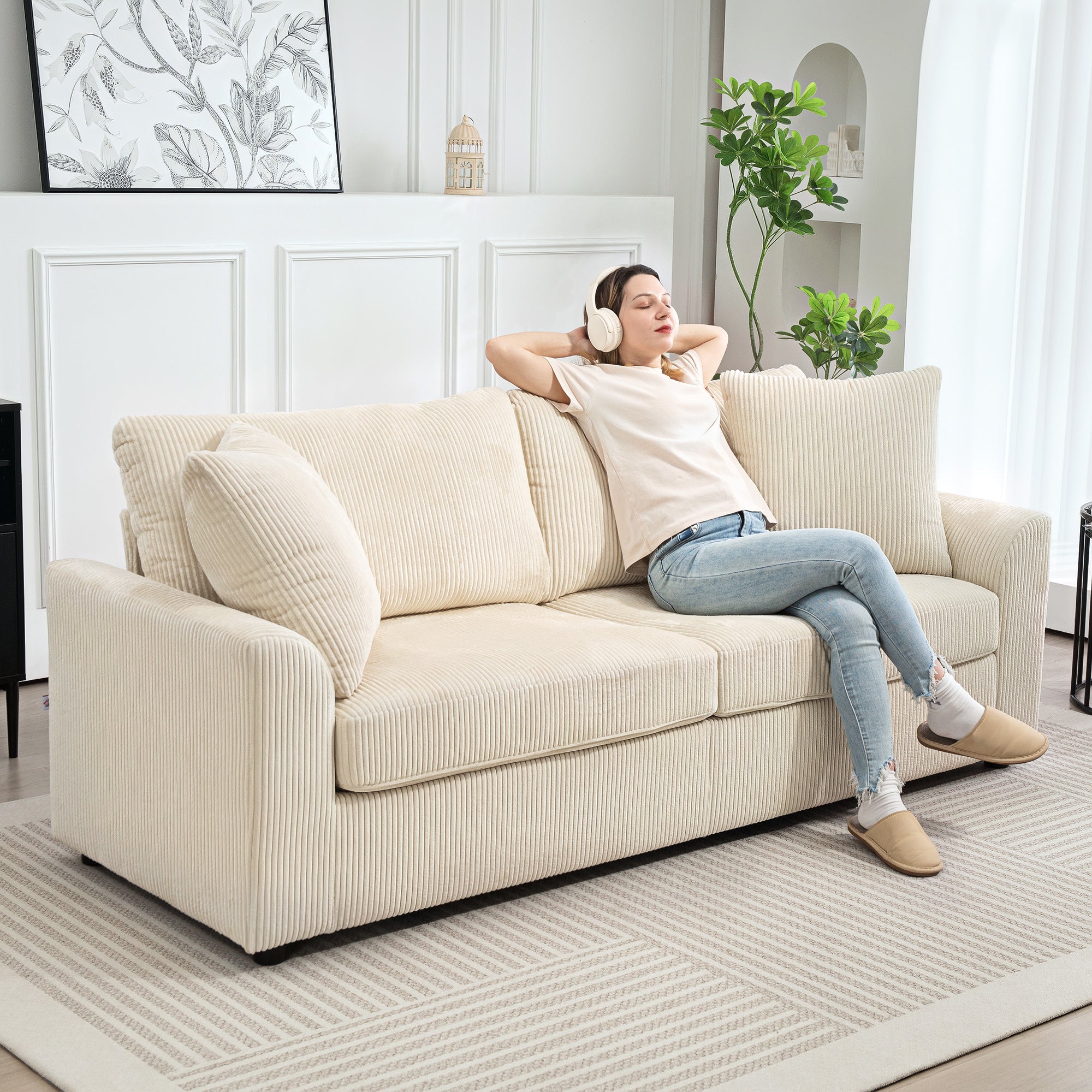 3 Seater Sofa - 83.5" Modern Couch, Cream White, Pocket Spring, 2 Scatter Cushions-DECOROLALA