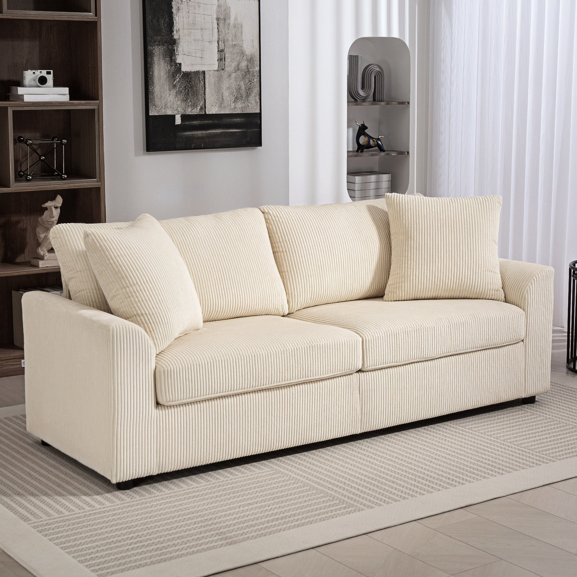 3 Seater Sofa - 83.5" Modern Couch, Cream White, Pocket Spring, 2 Scatter Cushions-DECOROLALA