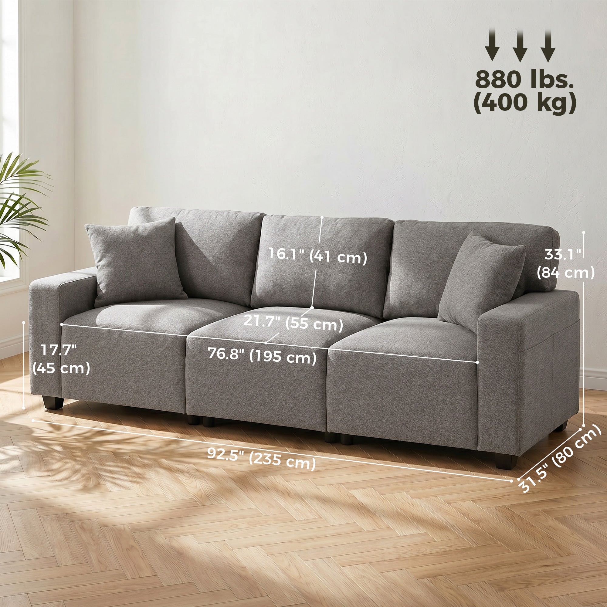 3 Seater Sofa - 92.5" Modern Grey Linen Couch with Pockets-Home Furnishings > Living Room Furniture > Sofas & Reclining Chairs > 3-Seater Sofas-DECOROLALA
