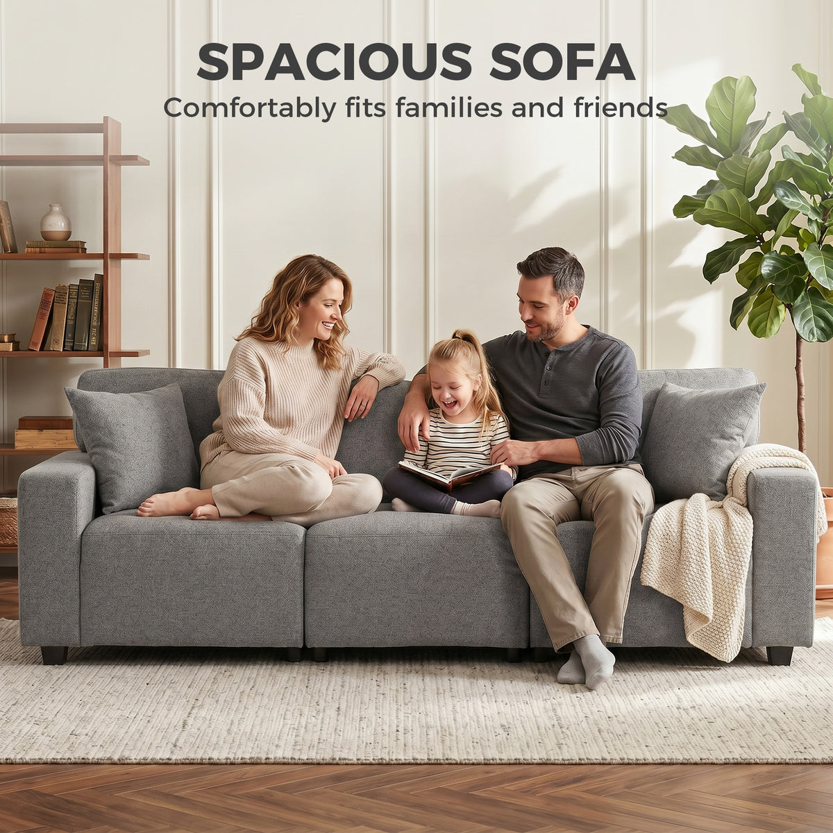 3 Seater Sofa - 92.5" Modern Grey Linen Couch with Pockets-Home Furnishings > Living Room Furniture > Sofas & Reclining Chairs > 3-Seater Sofas-DECOROLALA