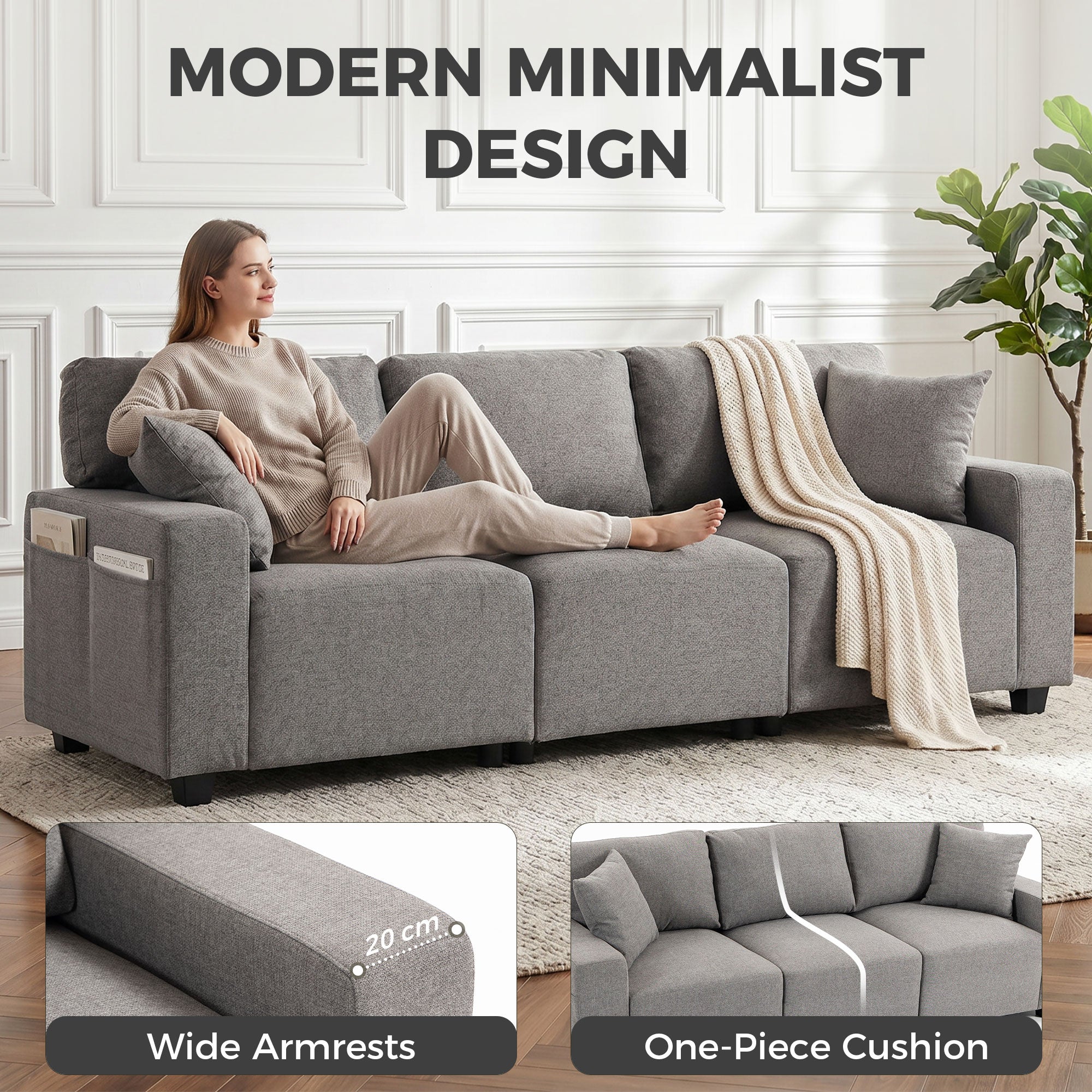3 Seater Sofa - 92.5" Modern Grey Linen Couch with Pockets-Home Furnishings > Living Room Furniture > Sofas & Reclining Chairs > 3-Seater Sofas-DECOROLALA