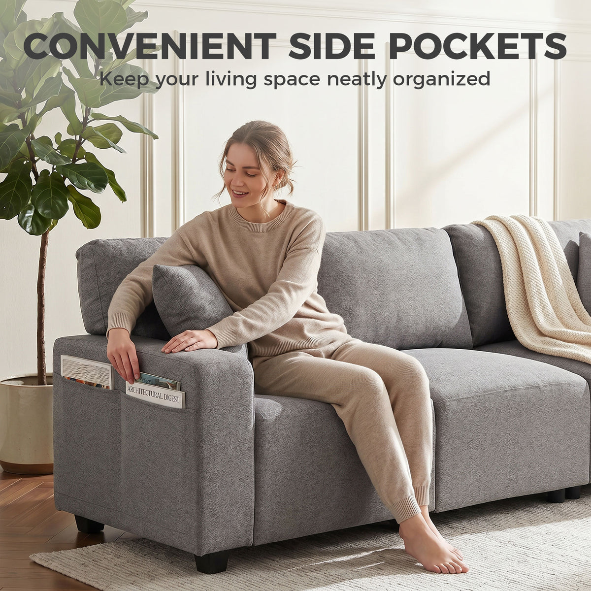 3 Seater Sofa - 92.5" Modern Grey Linen Couch with Pockets-Home Furnishings > Living Room Furniture > Sofas & Reclining Chairs > 3-Seater Sofas-DECOROLALA