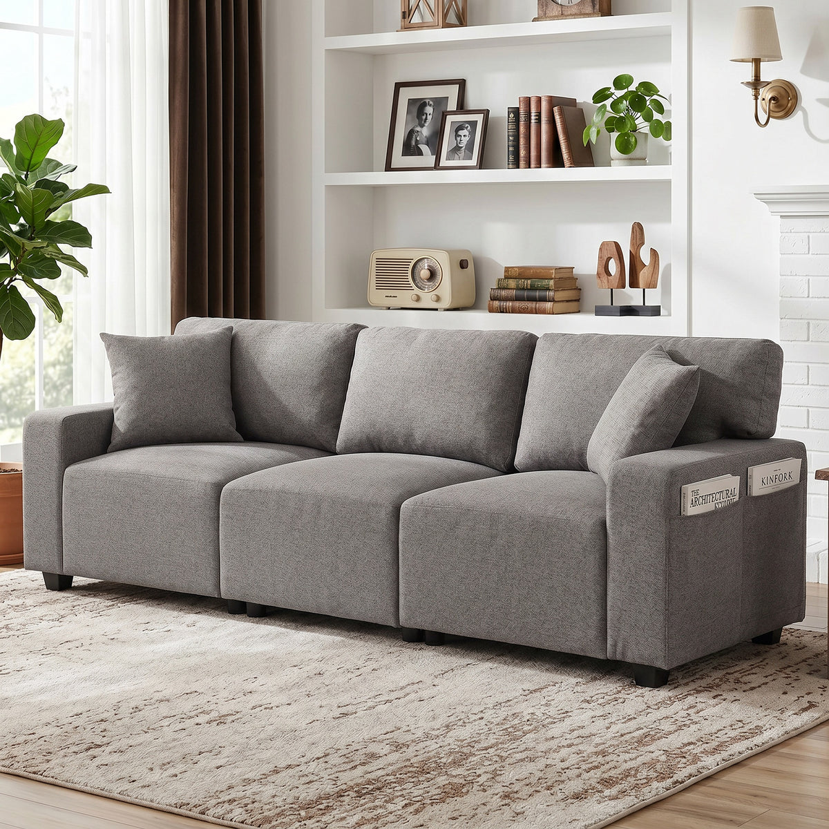 3 Seater Sofa - 92.5" Modern Grey Linen Couch with Pockets-Home Furnishings > Living Room Furniture > Sofas & Reclining Chairs > 3-Seater Sofas-DECOROLALA
