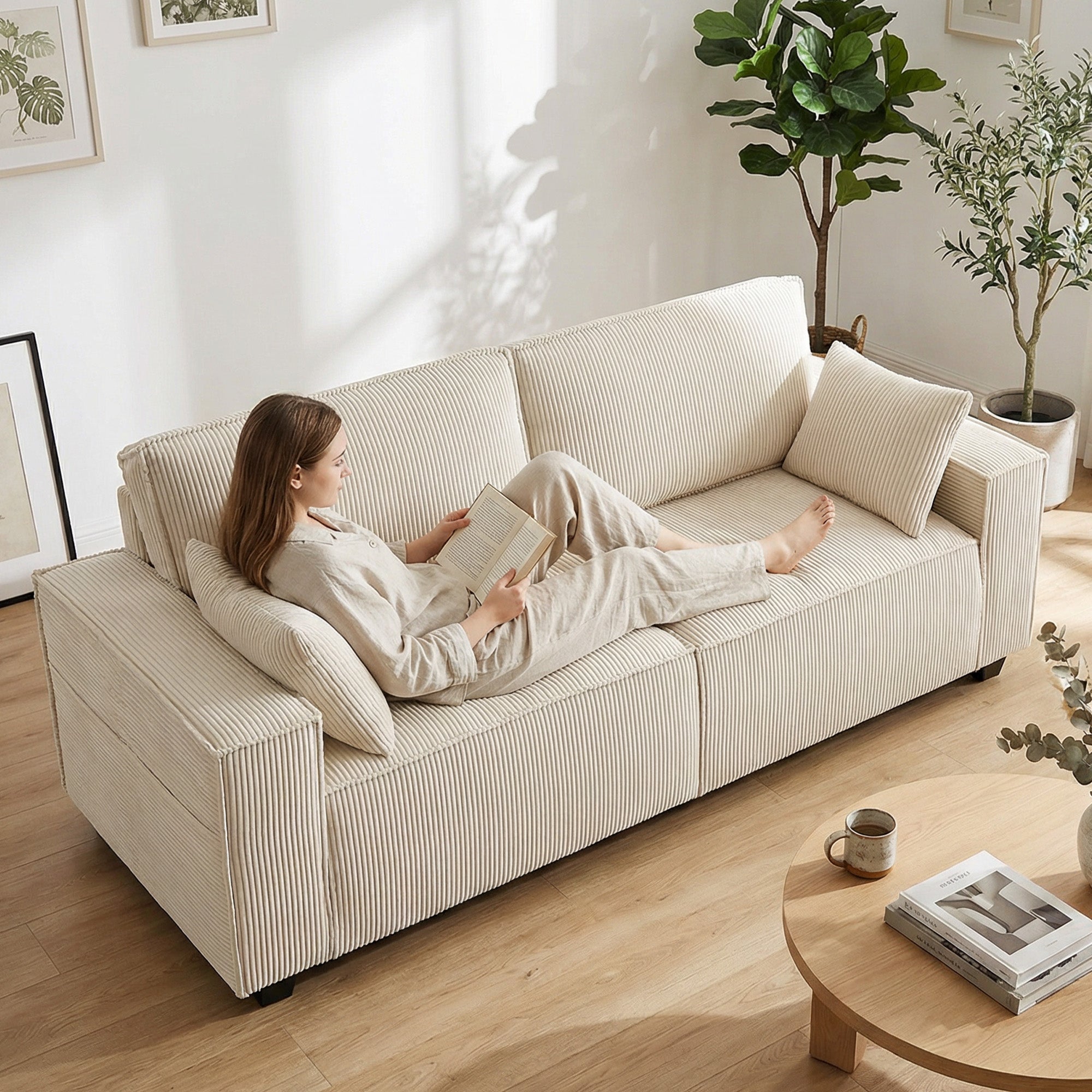 3 Seater Sofa - Beige Corduroy 86"-DECOROLALA