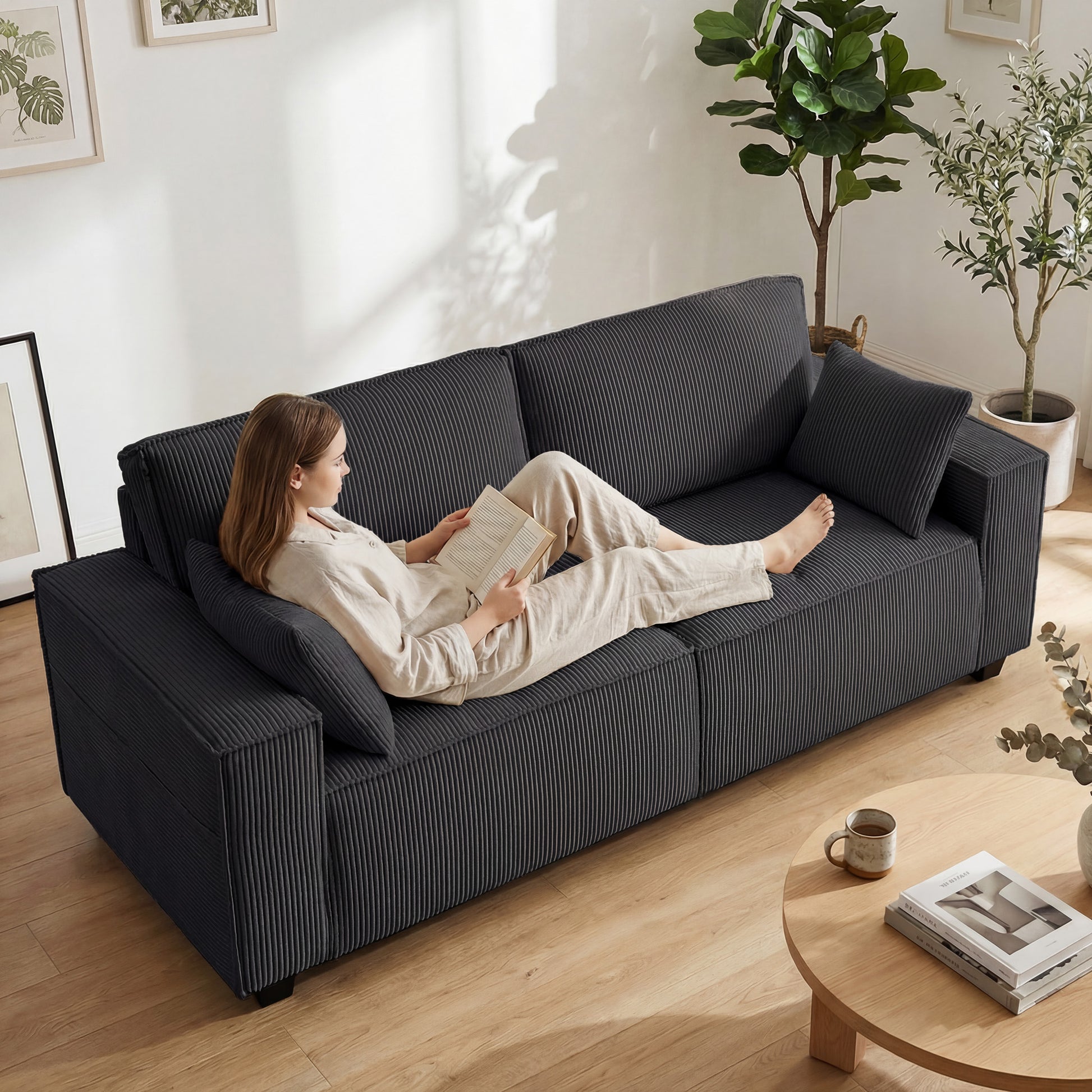 3 Seater Sofa - Beige Corduroy 86"-DECOROLALA