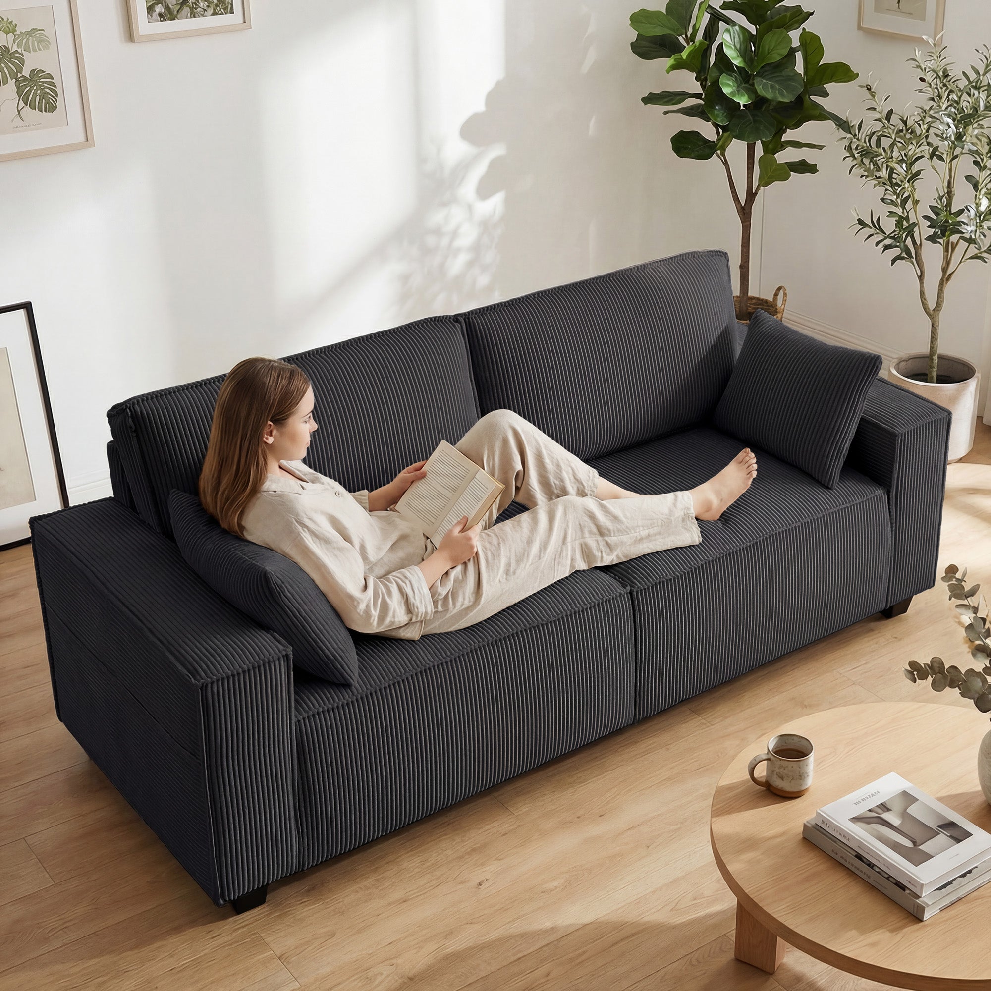 3 Seater Sofa - Beige Corduroy 86"-DECOROLALA