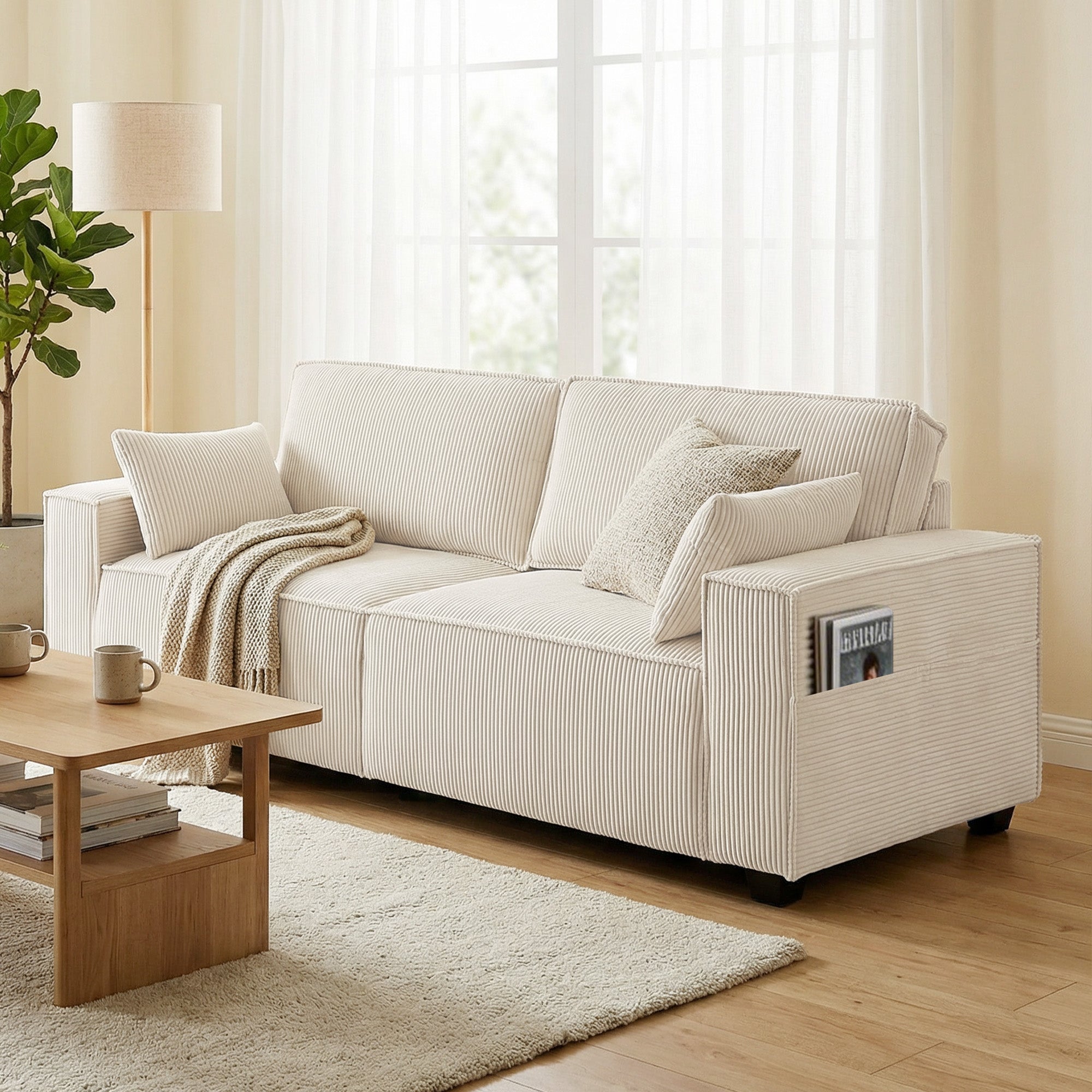 3 Seater Sofa - Beige Corduroy 86"-DECOROLALA