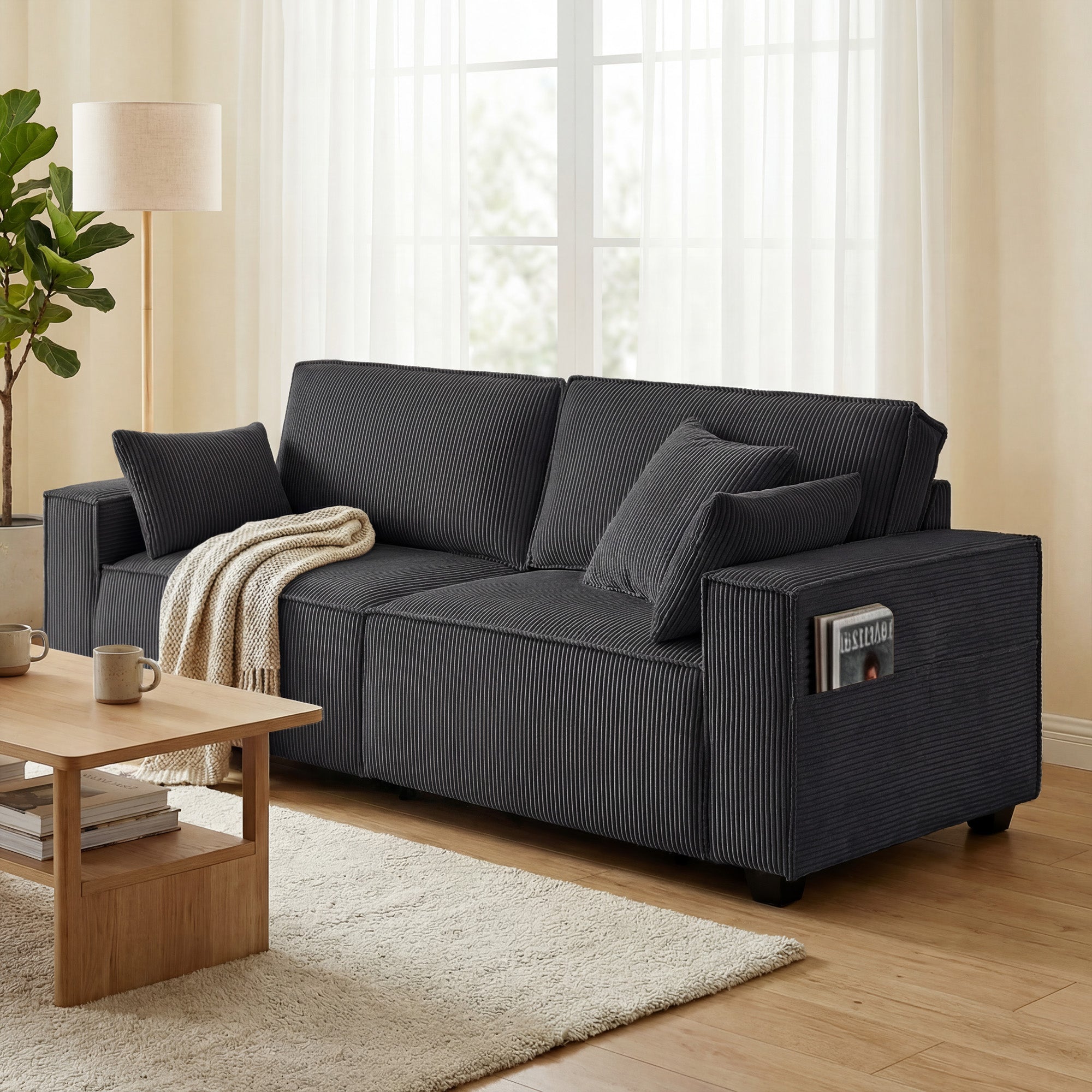 3 Seater Sofa - Beige Corduroy 86"-DECOROLALA