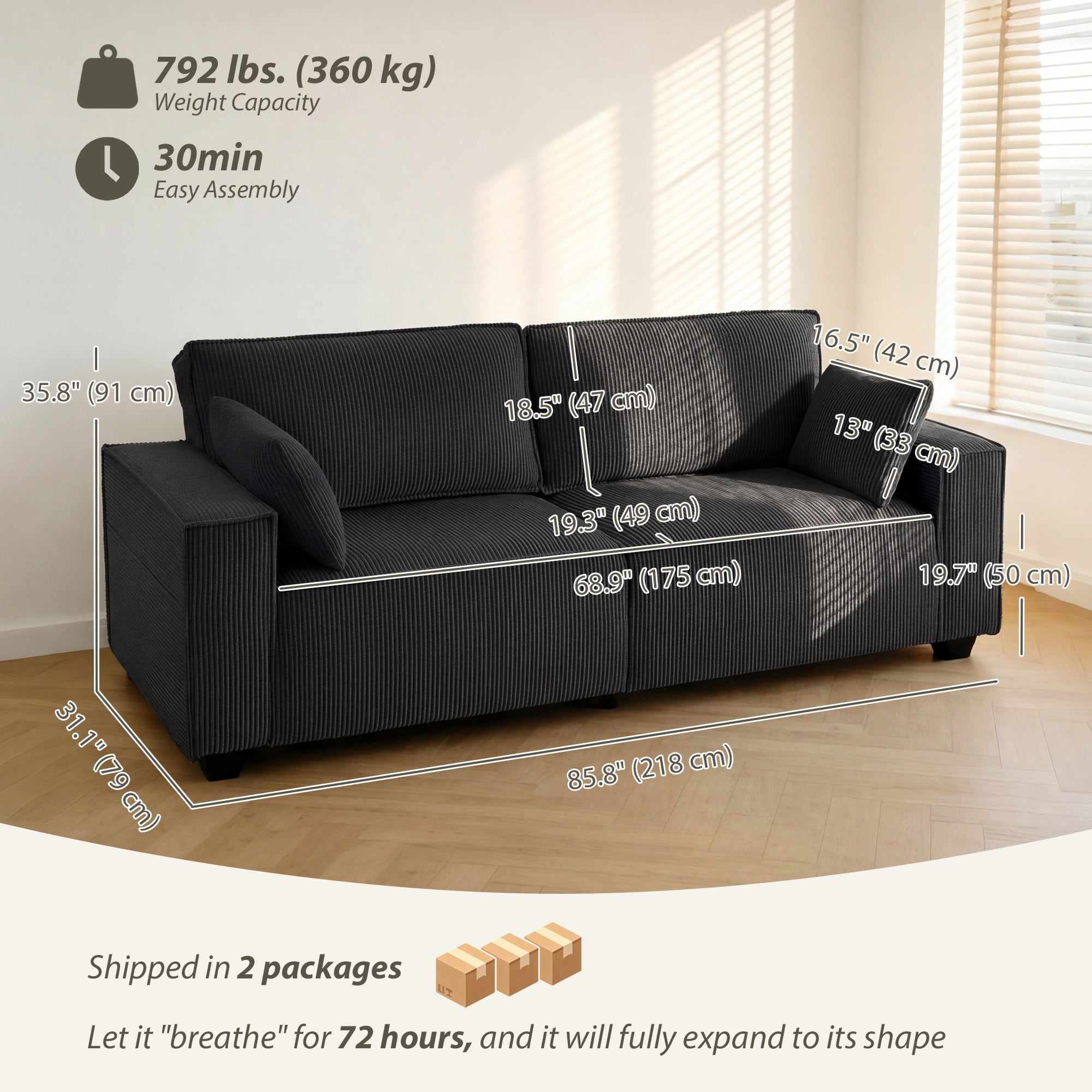 3 Seater Sofa - Beige Corduroy 86"-DECOROLALA