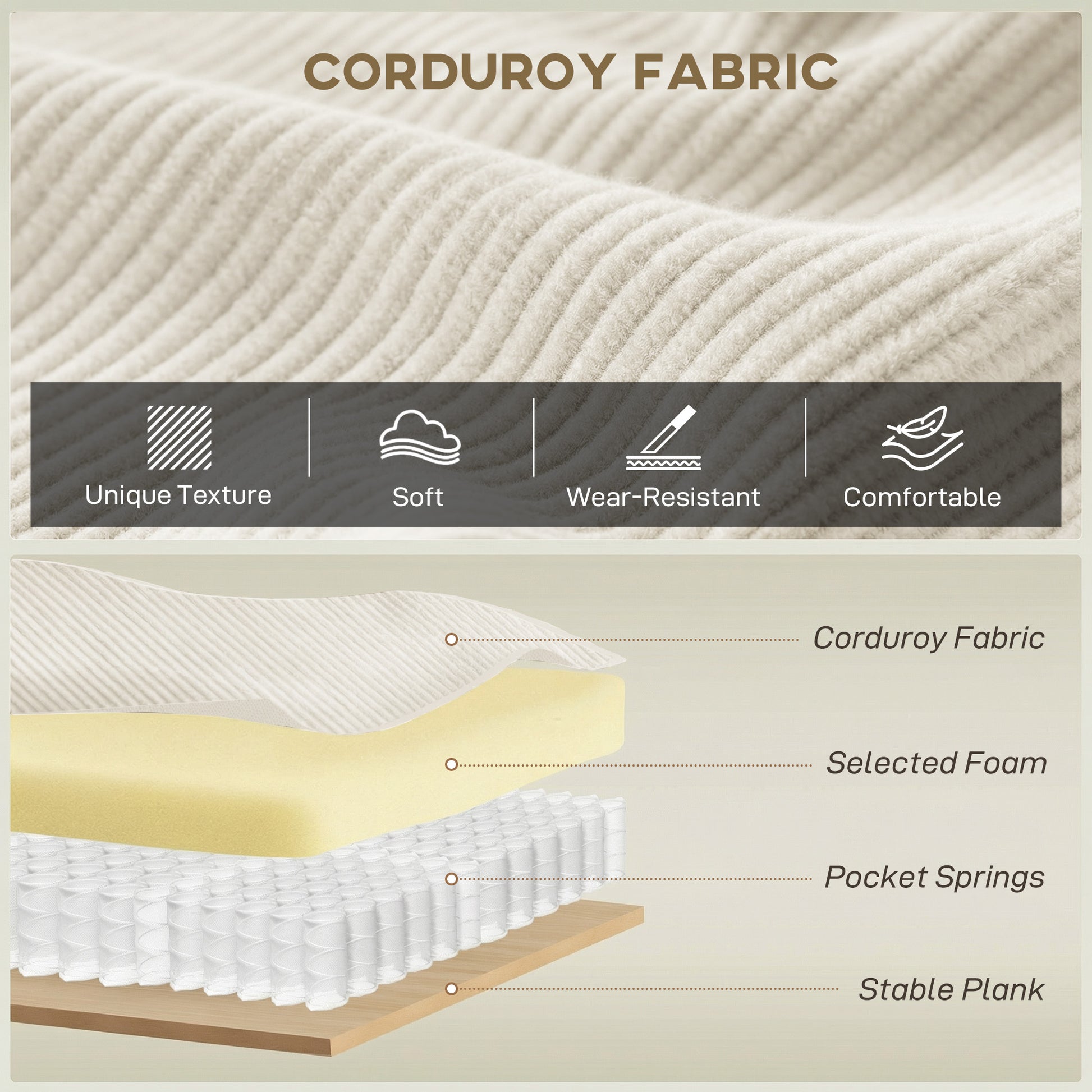 3 Seater Sofa - Beige Corduroy 86"-DECOROLALA